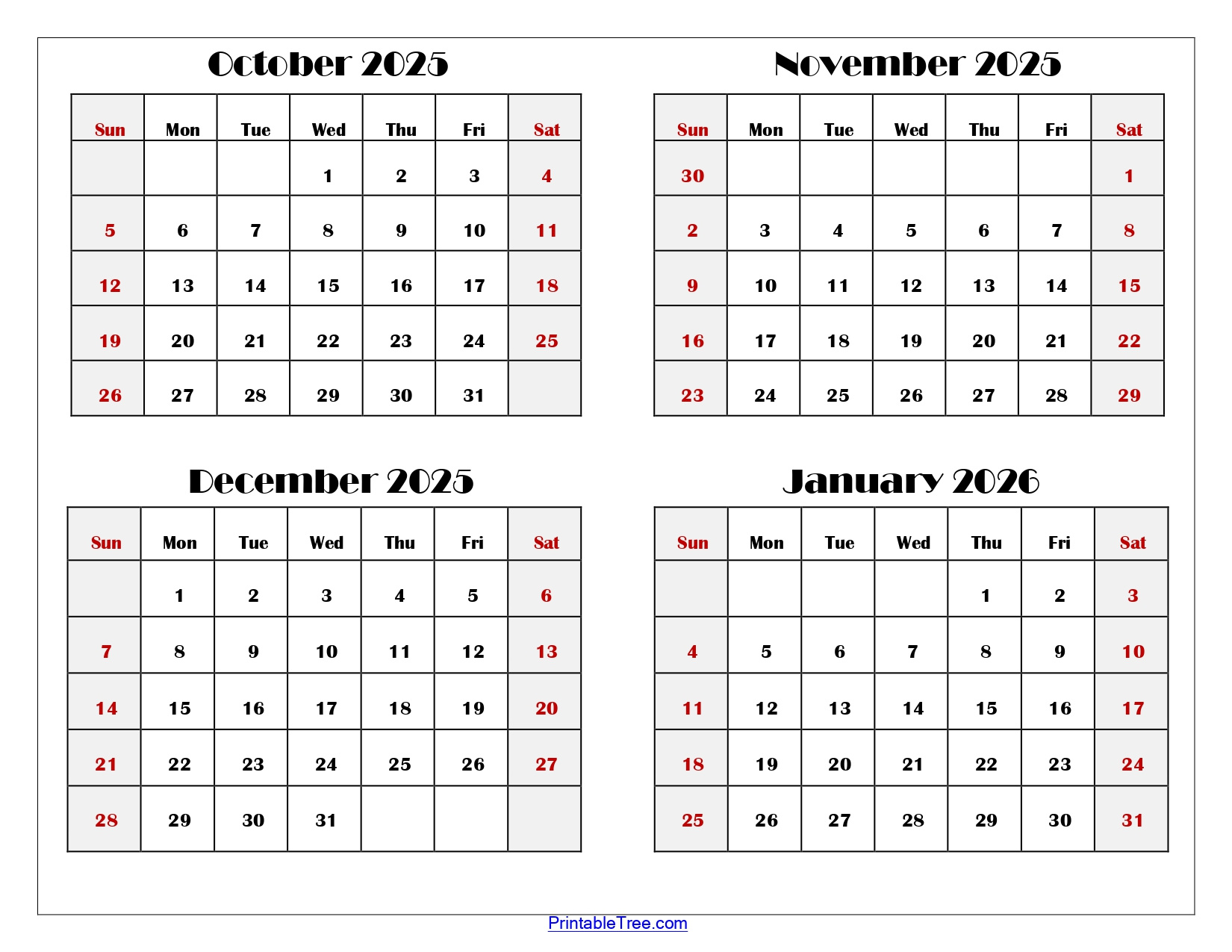 October To January 2026 Calendar Printable Pdf | Four Months Calendar for October Through January Calendar 2025