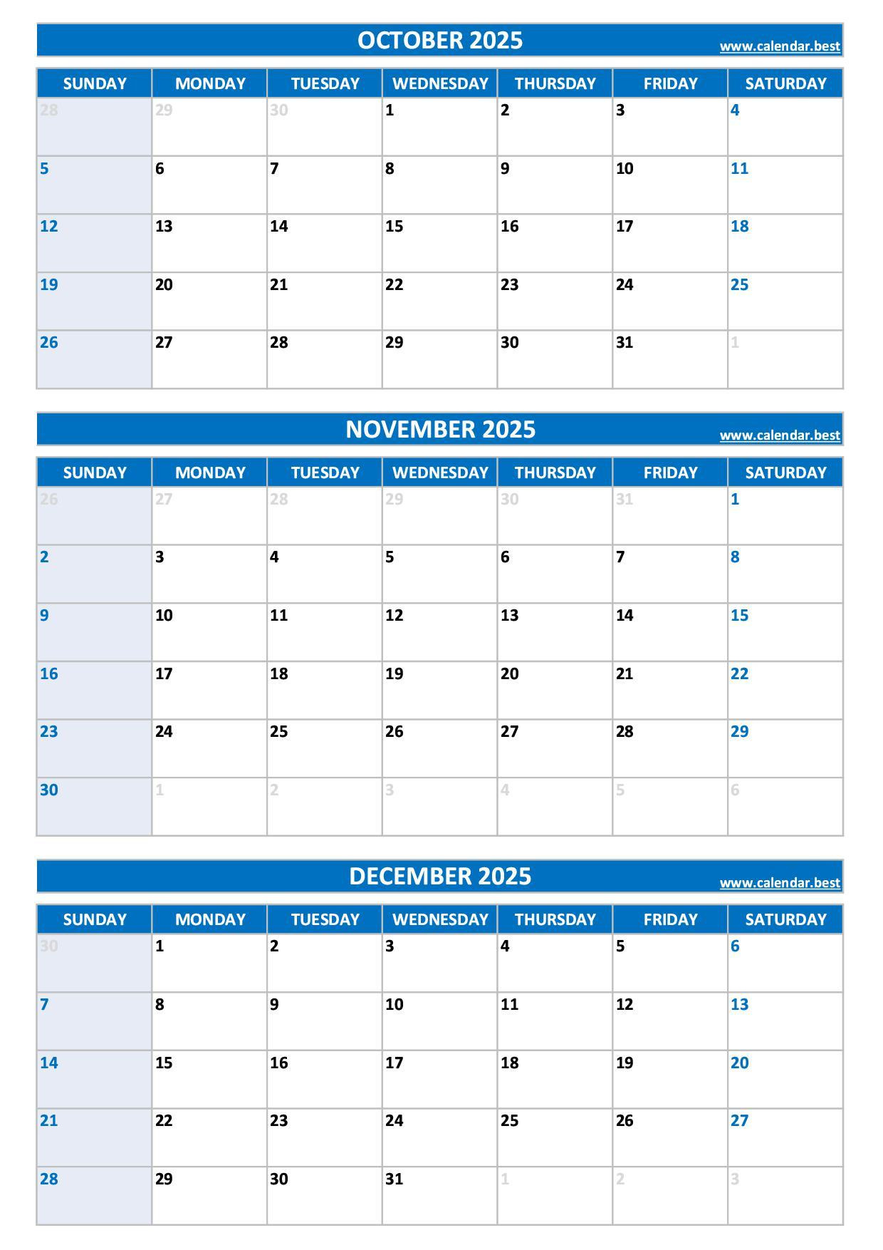 Printable 4Th Quarter 2025 Calendar Months Of October, November intended for October To December 2025 Calendar
