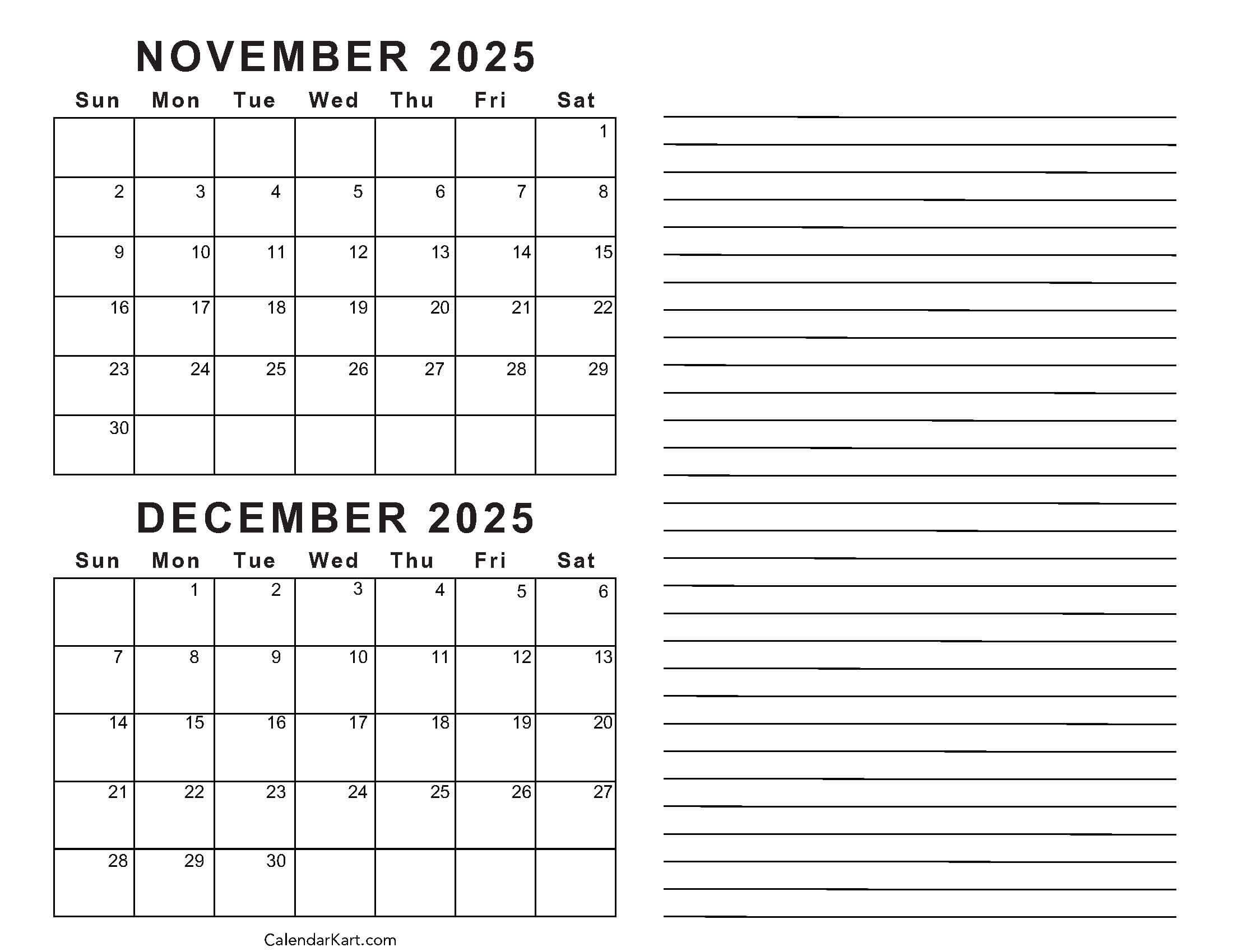 Printable November December 2025 Calendars | Calendarkart pertaining to October November December 2025 Calendar Printable Free