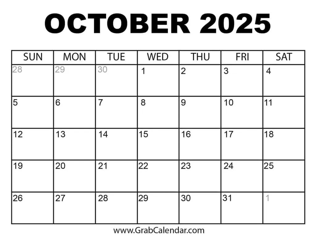 Printable October 2025 Calendar for October Calendar 2025 Numbers Printable