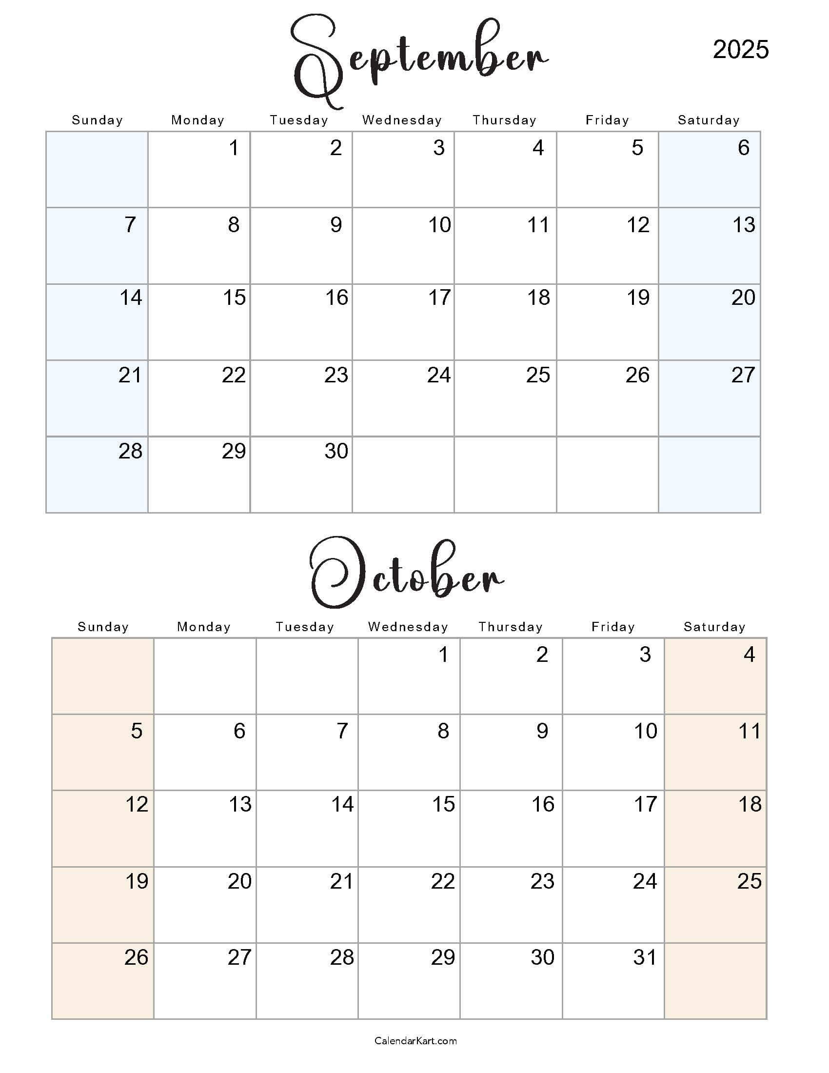 Printable September October 2025 Calendar | Calendarkart in September October 2025 Calendar