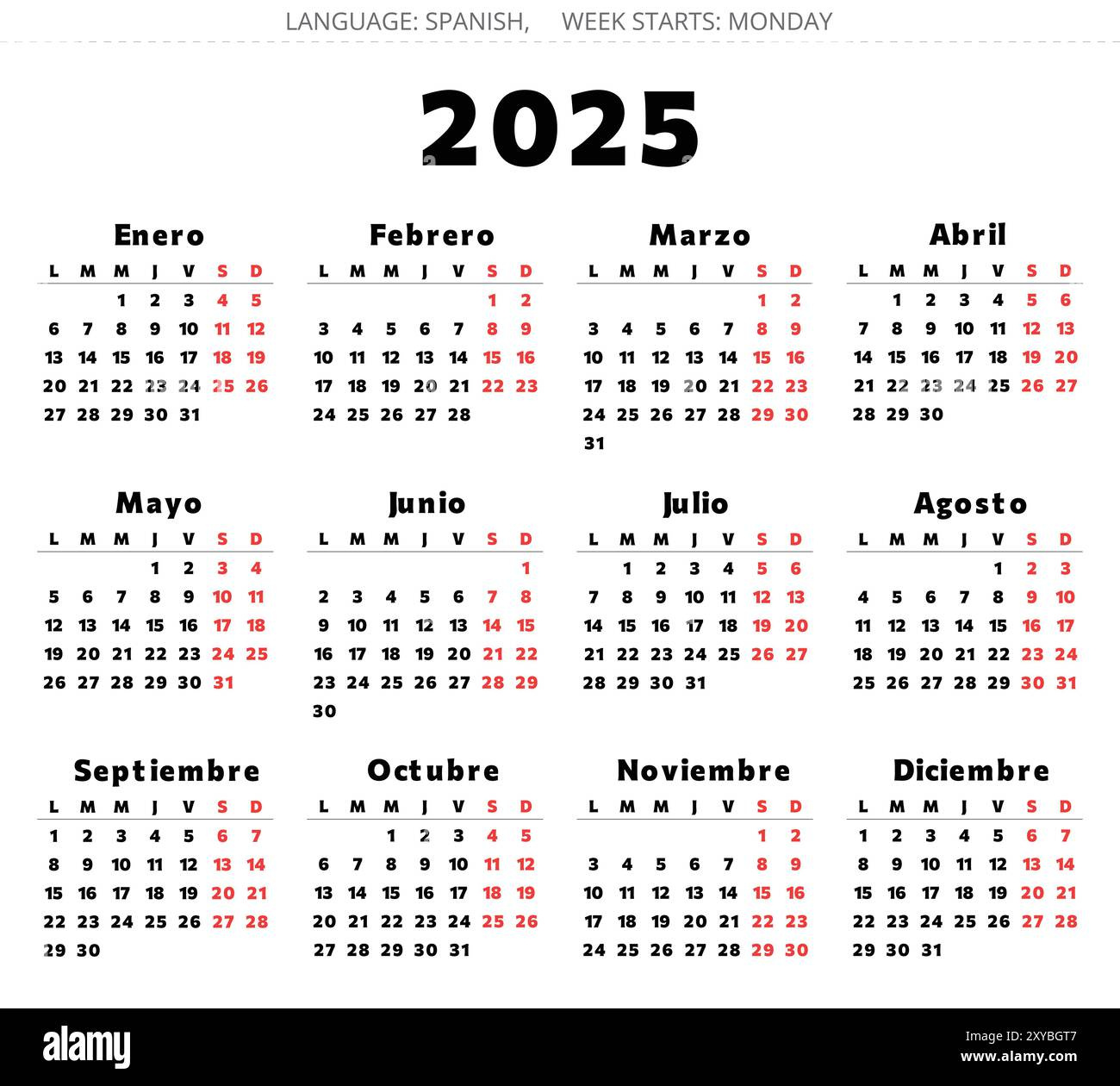 Spanish 2025 Year Calendar. Printable Vector Black And Red Colors with October Calendar 2025 In Spanish