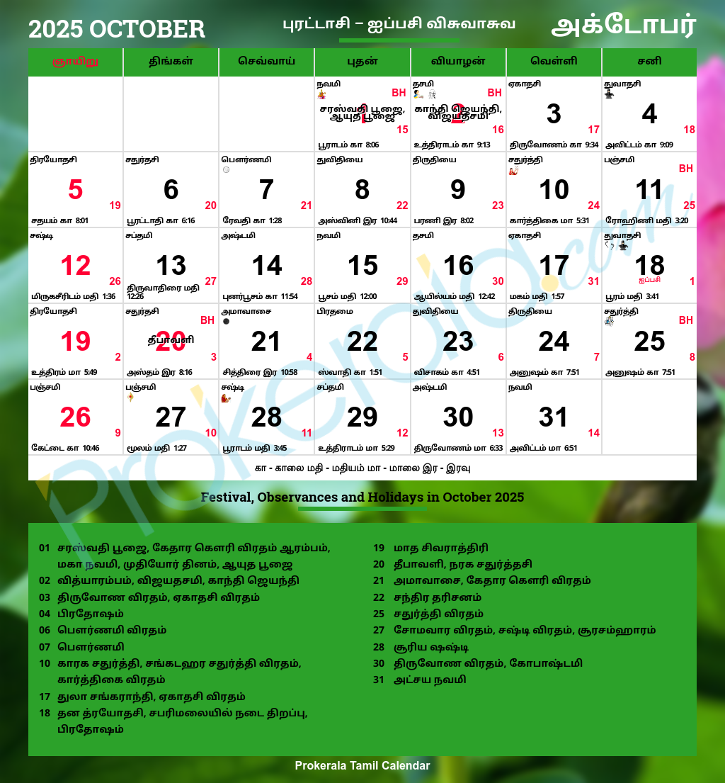 Tamil Calendar 2025, October for Tamil Calendar 2025 October