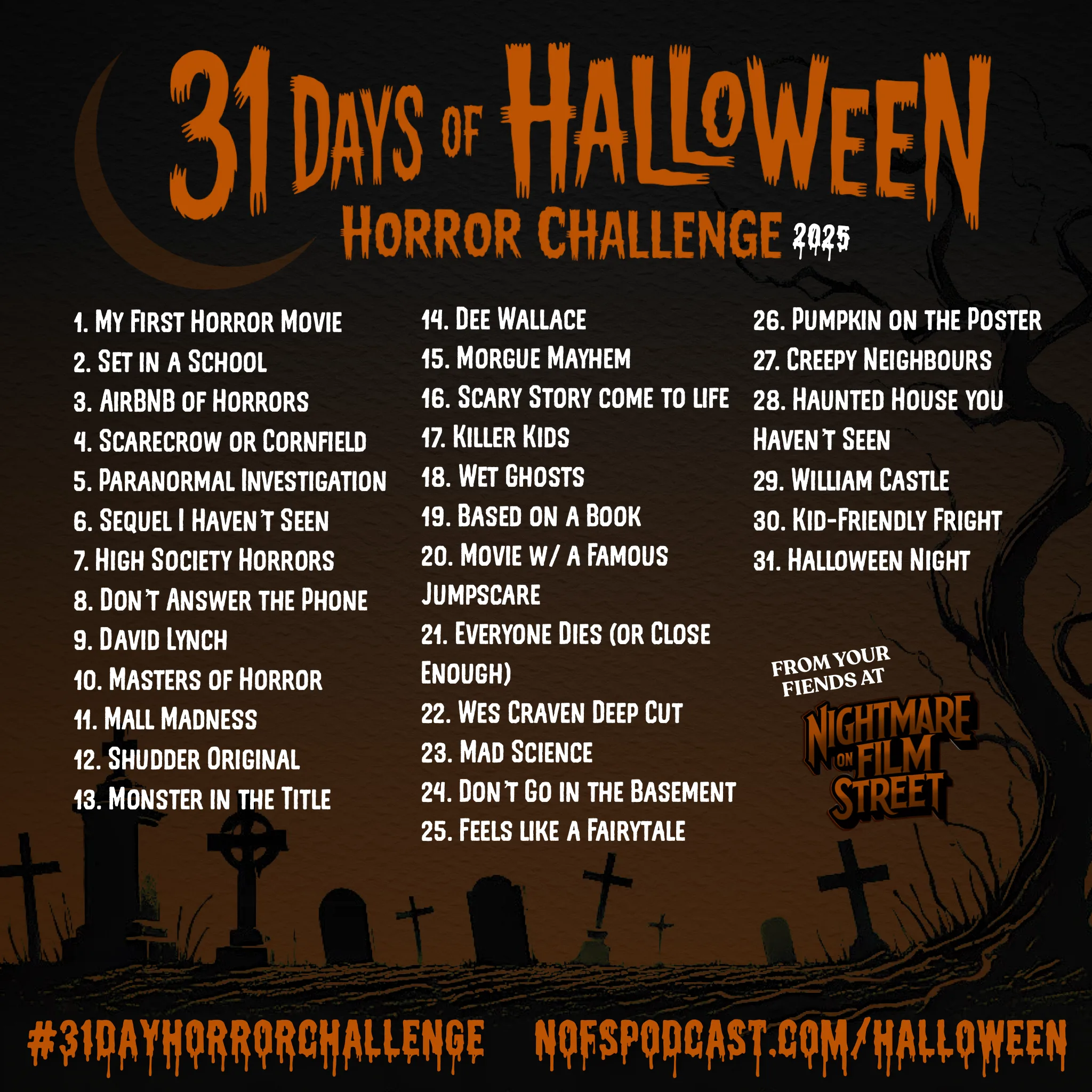 The #31Dayhorrorchallenge 2025 - Nightmare On Film Street with October Halloween Movie Calendar 2025