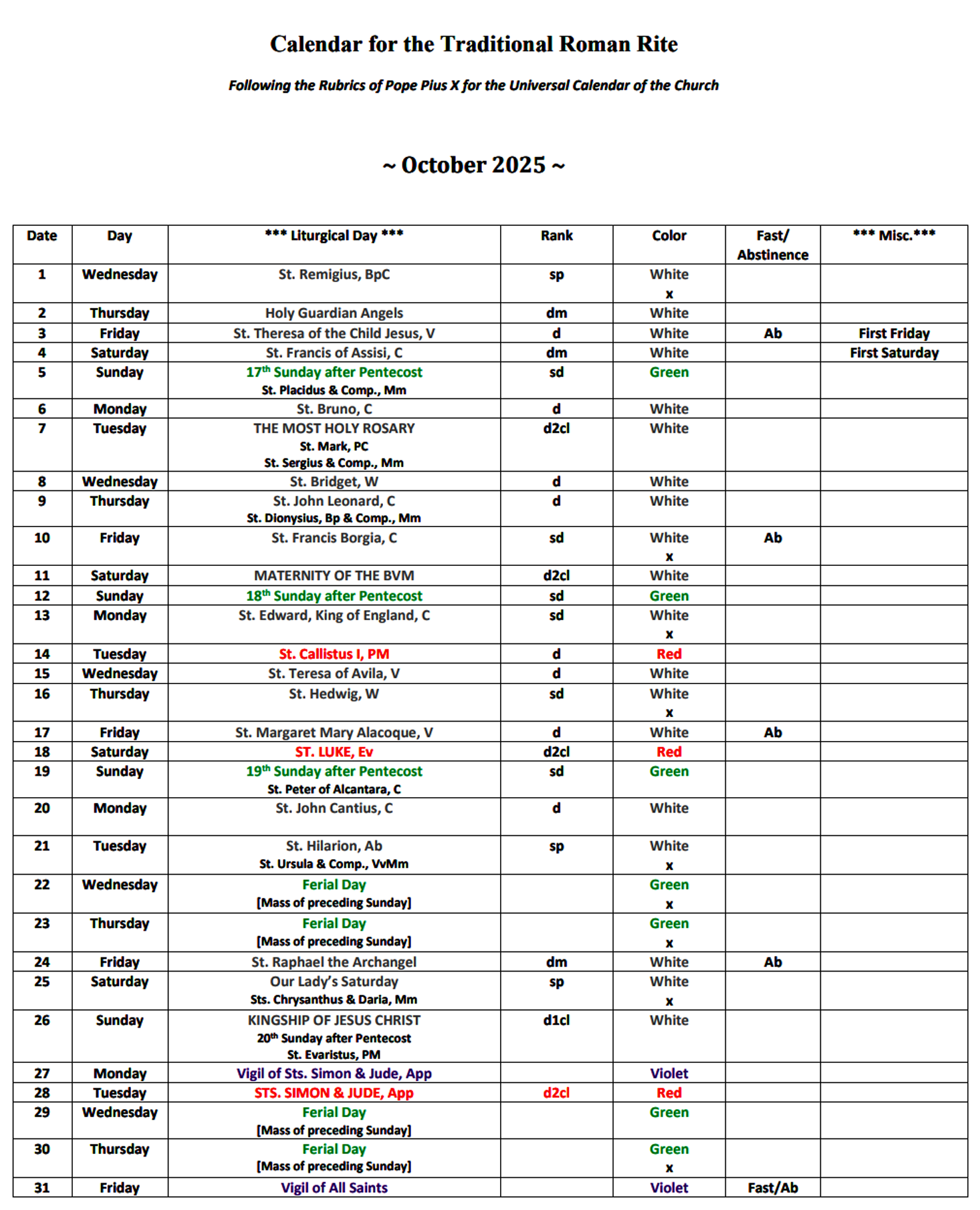 Traditional Catholic Litugical Calendar intended for Catholic Calendar October 2025