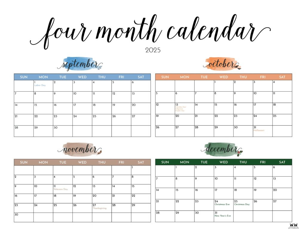 2025 Four Month Calendars - 31 Free Printables | Printabulls for 4 Month Calendar August to November 2025