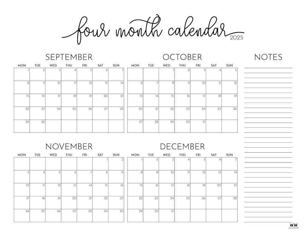 2025 Four Month Calendars - 31 Free Printables | Printabulls throughout Calendar For August September October November 2025