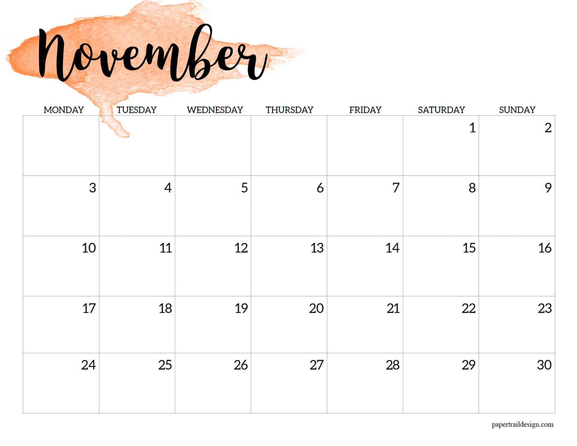 2025 Monday Start Calendar Printable - Watercolor - Paper Trail Design in November 2025 Calendar Monday Start