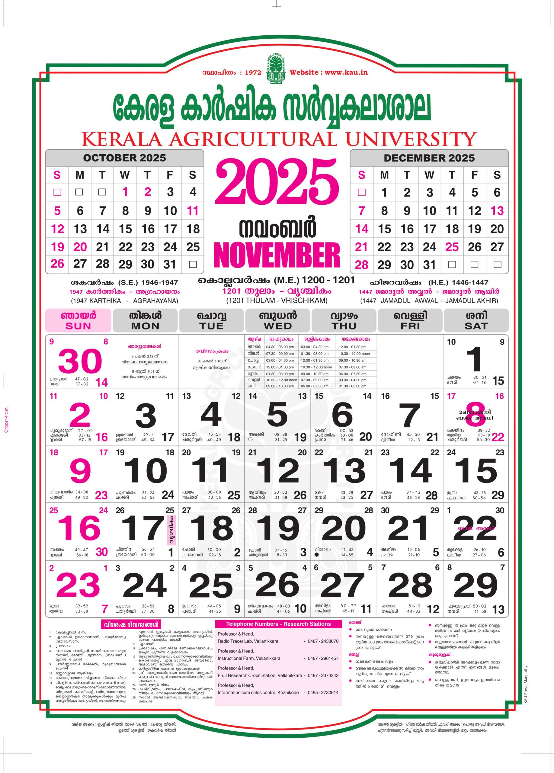 2025 November | Kerala Agricultural University with Malayalam Calendar 2025 November