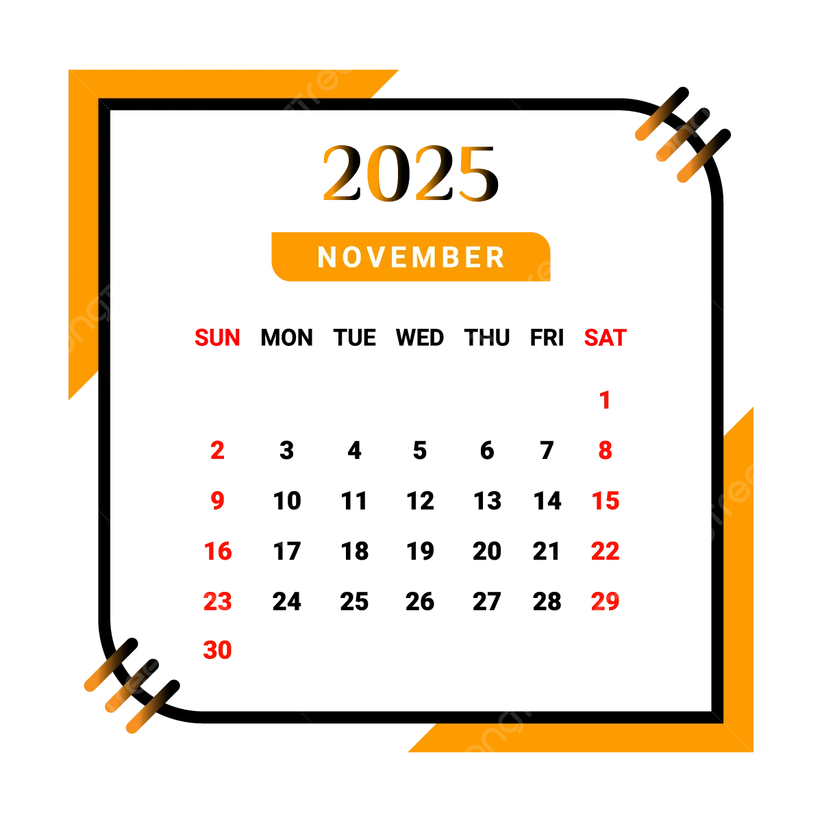 2025 November Month Calendar With Black And Yellow Vector, Monthly with November Month Calendar 2025 Png