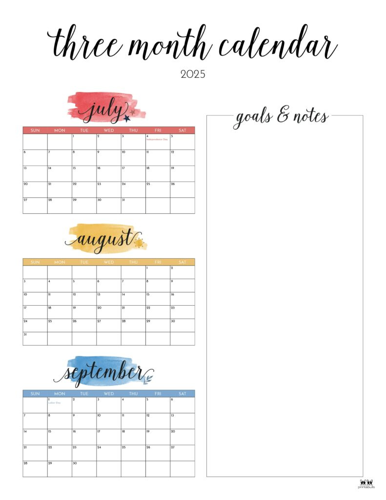 2025 Three Month/Quarterly Calendars - 36 Free Cals | Printabulls for 3 Month Calendar 2025 September October November