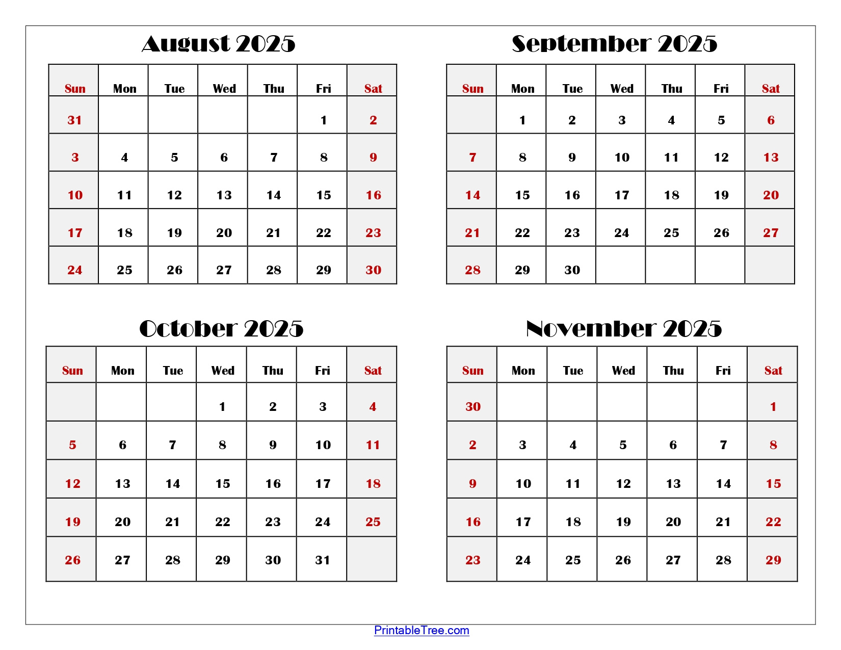 August To November 2025 Calendar Printable Pdf | Four Months Calendar for August September October November Calendar 2025