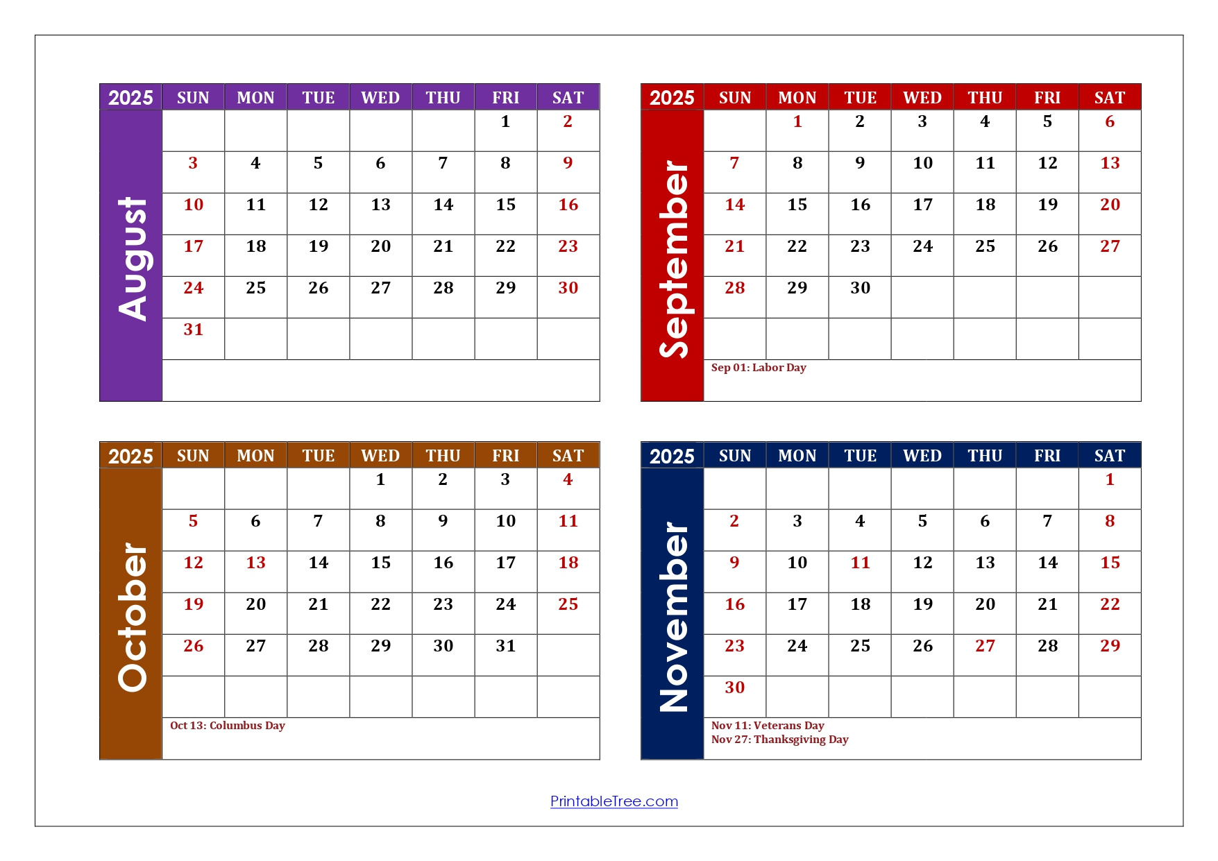 August To November 2025 Calendar Printable Pdf | Four Months Calendar regarding August September October November Calendar 2025