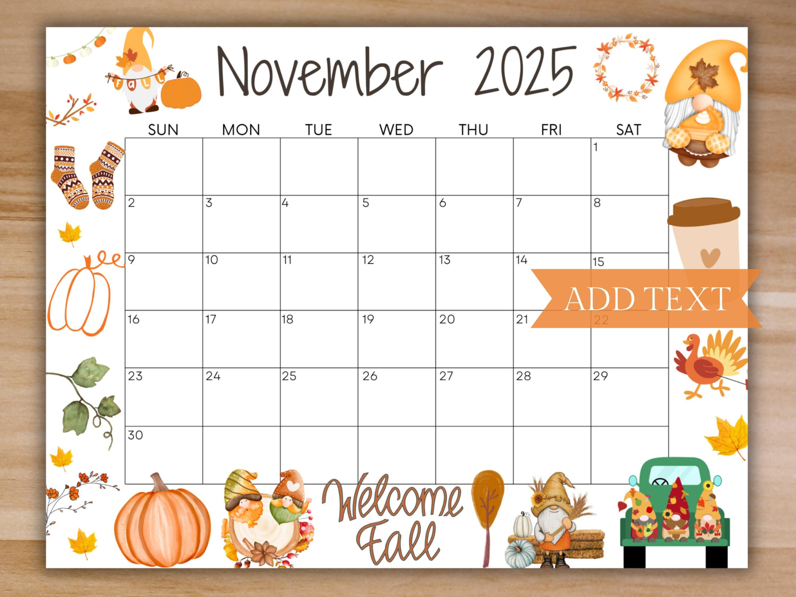 Bearbeitbarer November 2025 Kalender, Druckbarer Herbstkalender in November R Calendar 2025