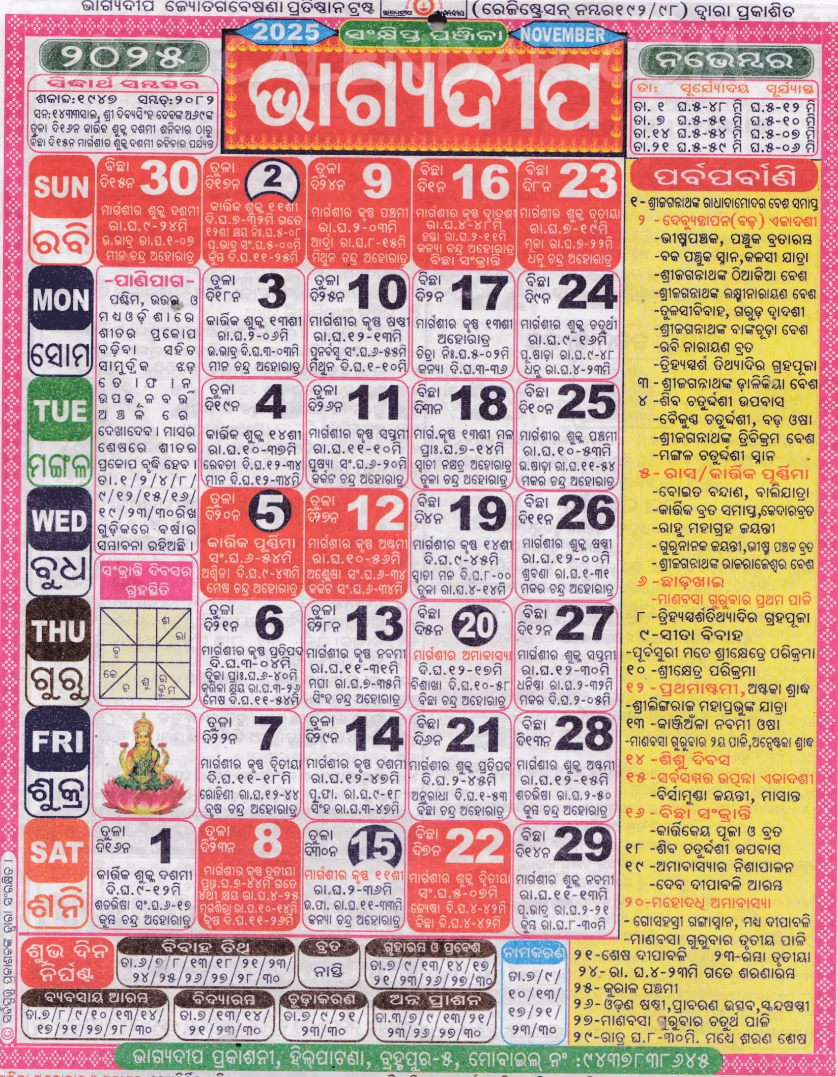 Bhagyadeep Odia Calendar November 2025: Festivals, Auspicious Days throughout Odia Calendar 2025 November