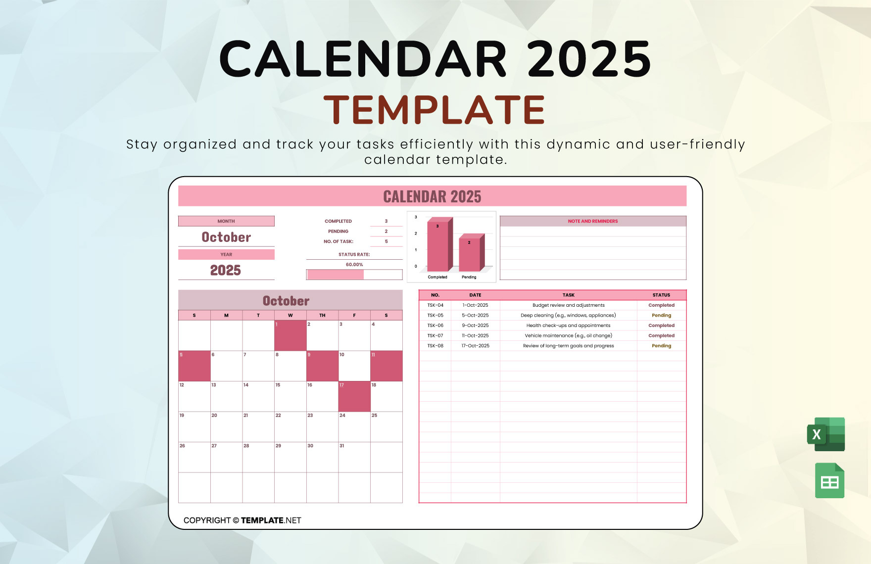 Calendar 2025 Template In Google Sheets, Excel - Download intended for November 2025 Google Sheets Calendar