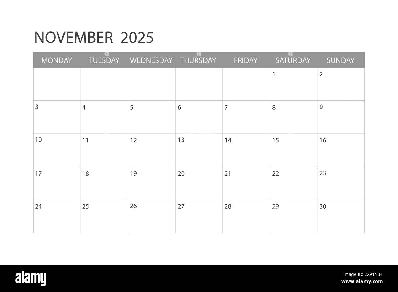 Calendar For November 2025. The Week Starts On Monday Stock Vector for Week Calendar November 2025
