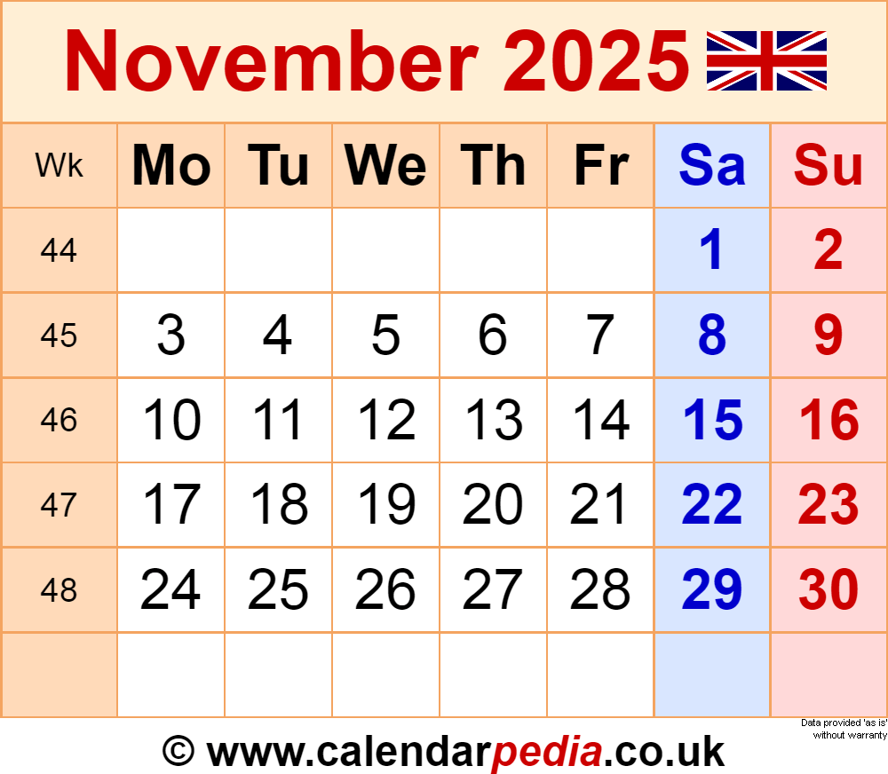 Calendar November 2025 Uk With Pdf, Excel And Word Templates intended for November 2025 Calendar with Bank Holidays