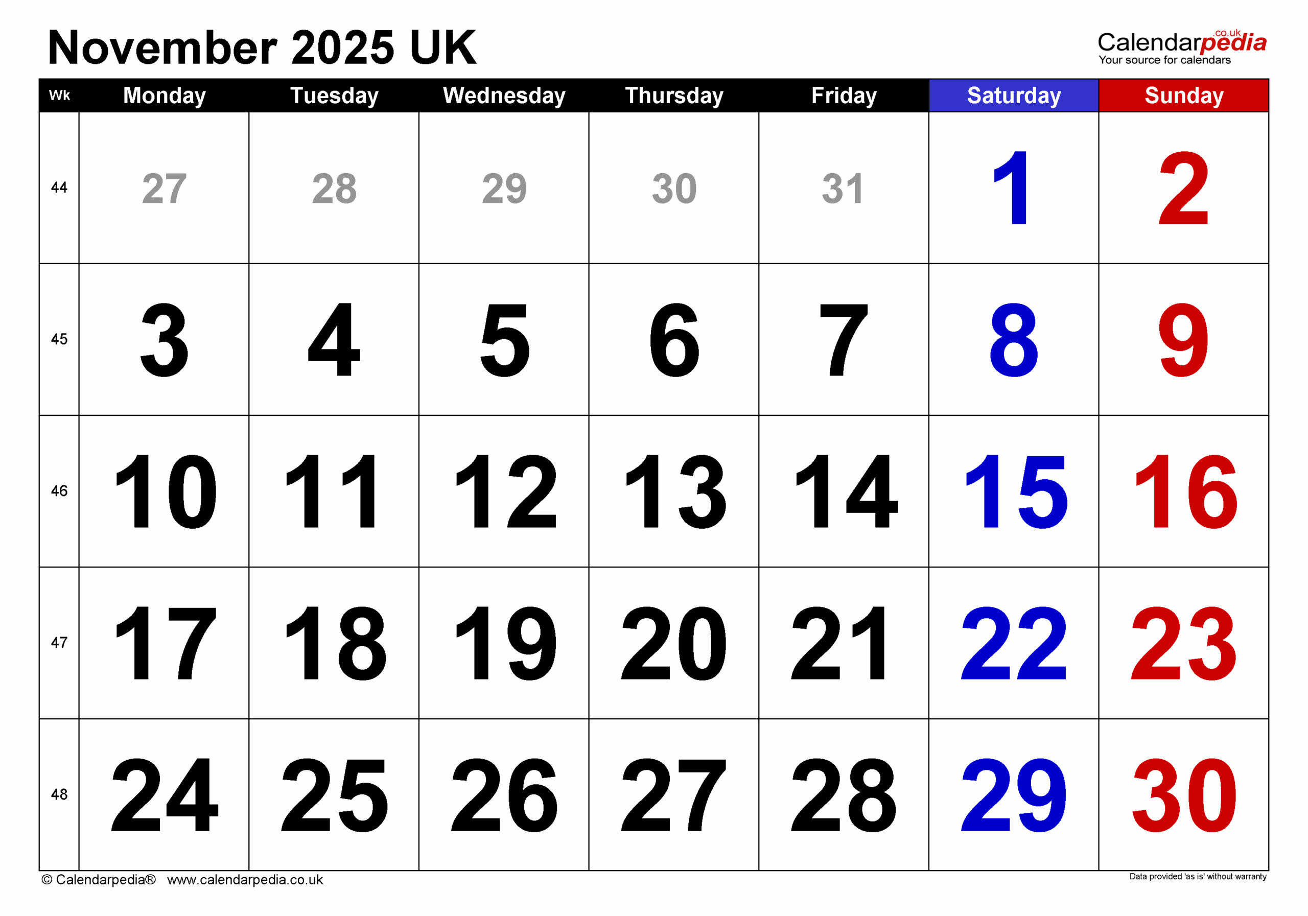 Calendar November 2025 Uk With Pdf, Excel And Word Templates intended for Uk November 2025 Calendar Printable