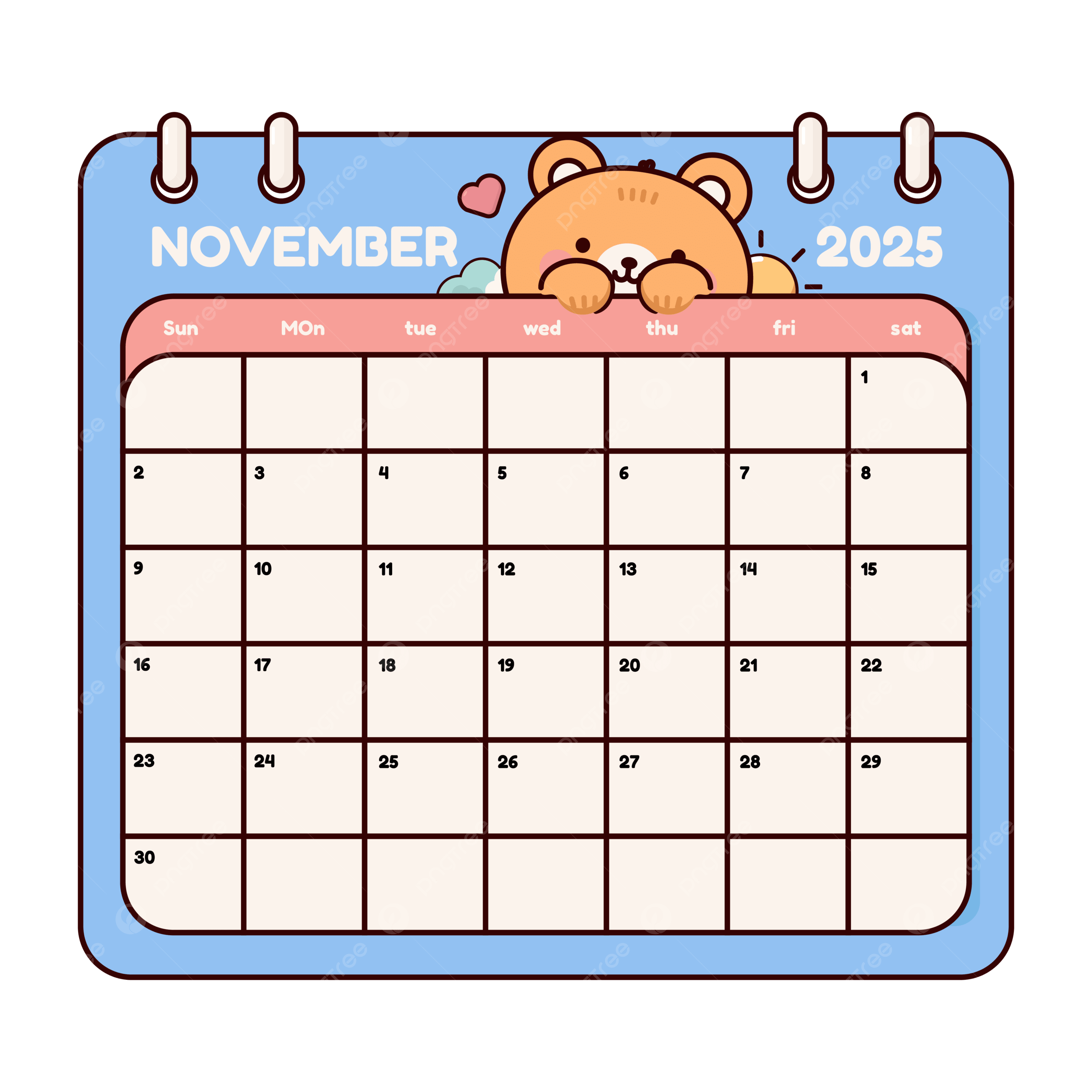 Cute Cartoon Bear November 2025 Calendar Page Wall Template intended for Fun Calendar November 2025