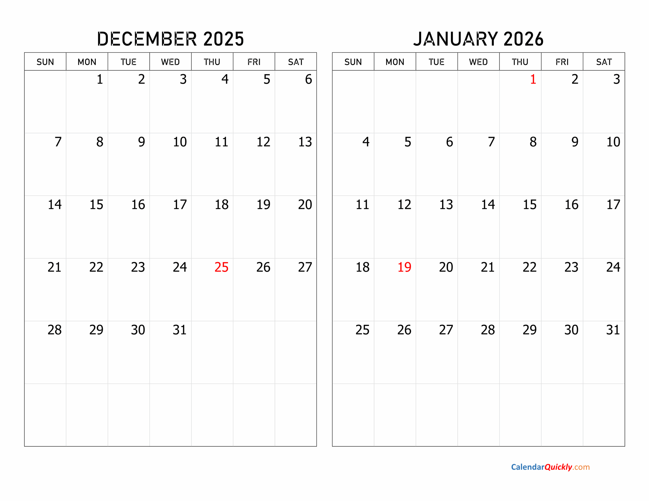 December 2025 And January 2026 Calendar | Calendar Quickly pertaining to November December 2025 January 2026 Printable Calendar