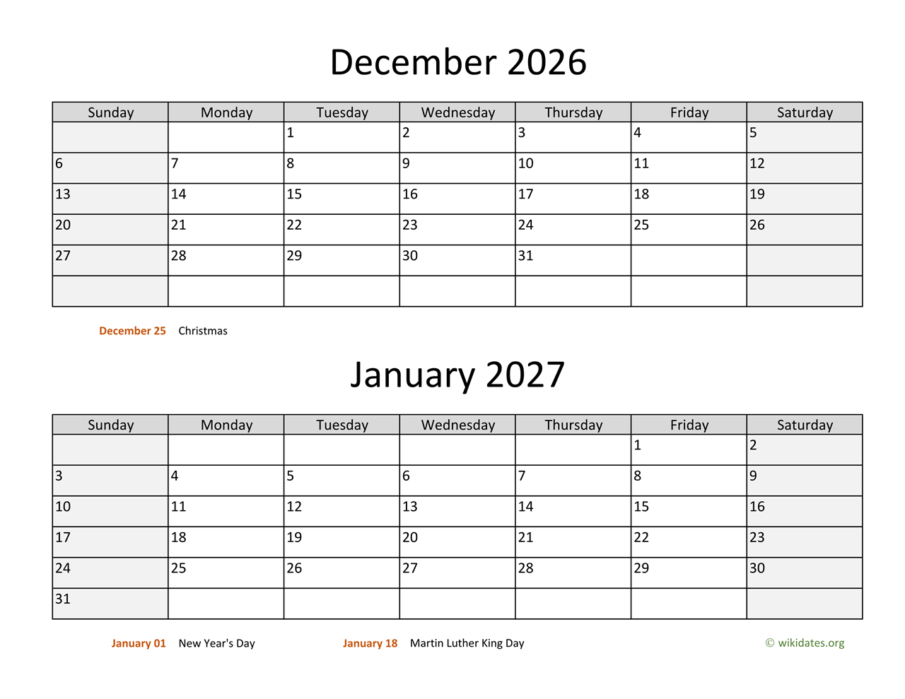 December 2026 And January 2027 Calendar | Wikidates pertaining to November December January 2026 Calendar