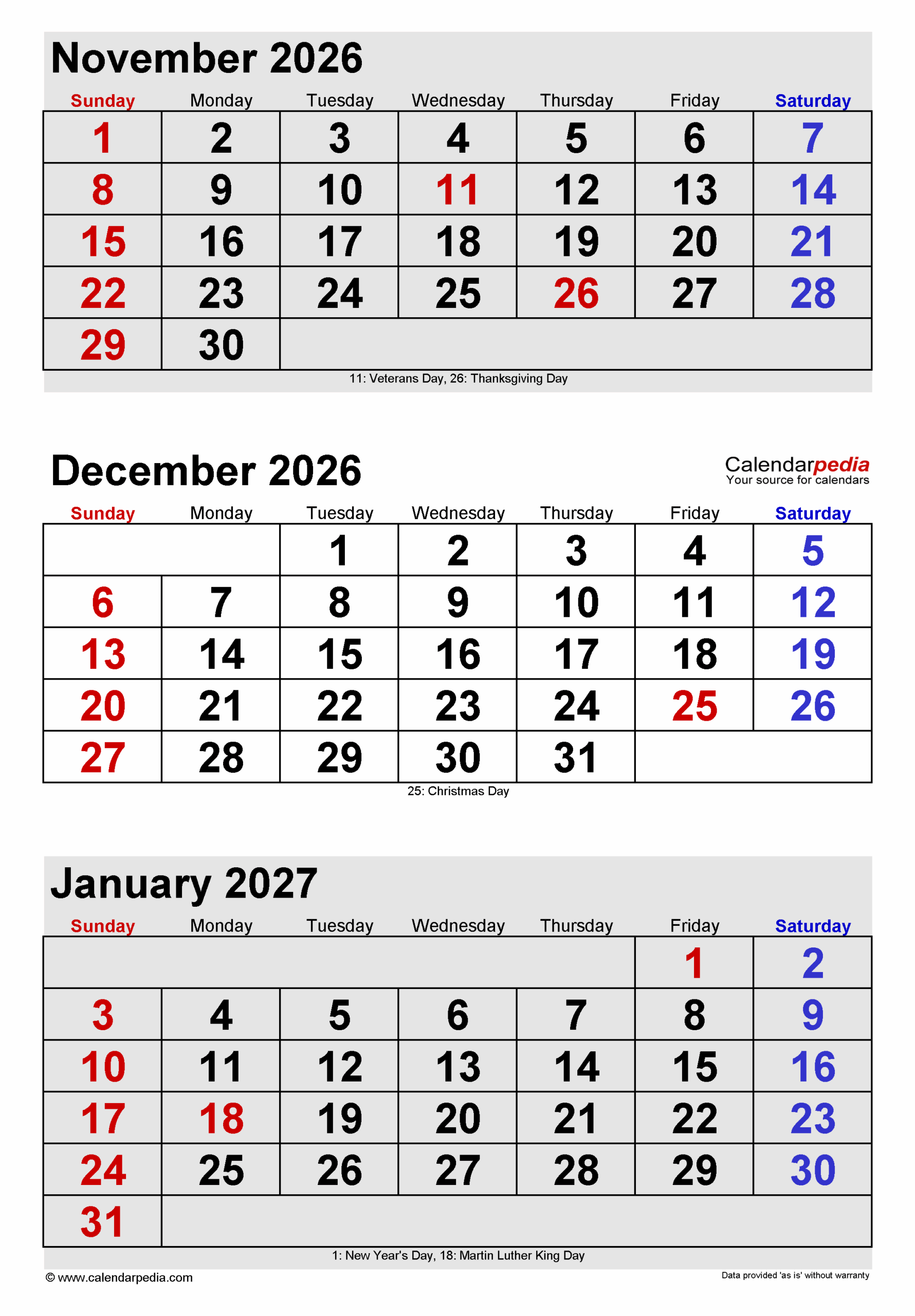 December 2026 Calendar | Templates For Pdf, Excel And Word regarding 3 Month Calendar November December January 2026