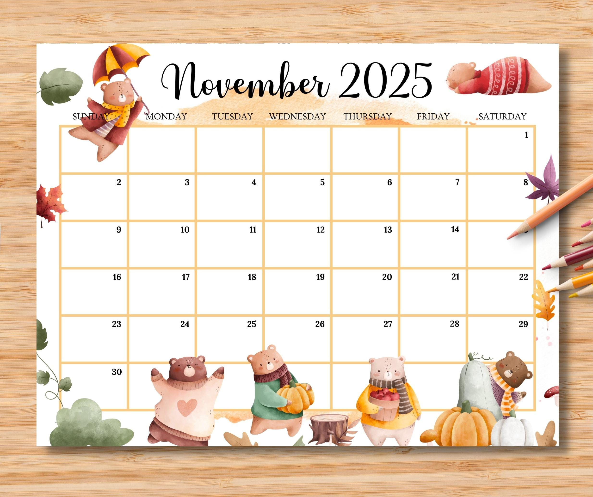 Editable November 2025 Calendar, Beautiful Autumn Planner W/Cute throughout Editable Calendar November 2025