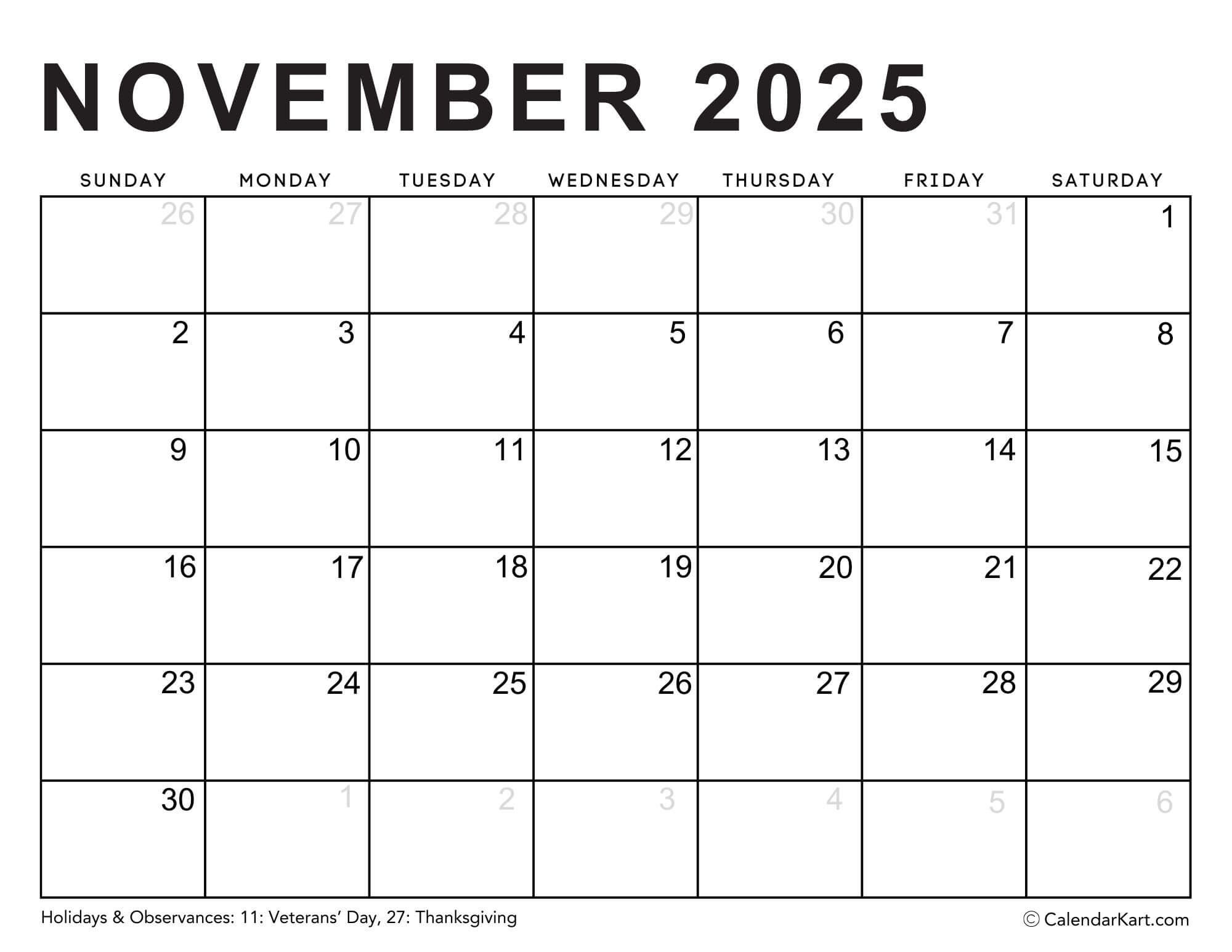 Editable Printable Calendars 2025 - Typeable Pdf - Calendarkart intended for November Calendar 2025 Editable