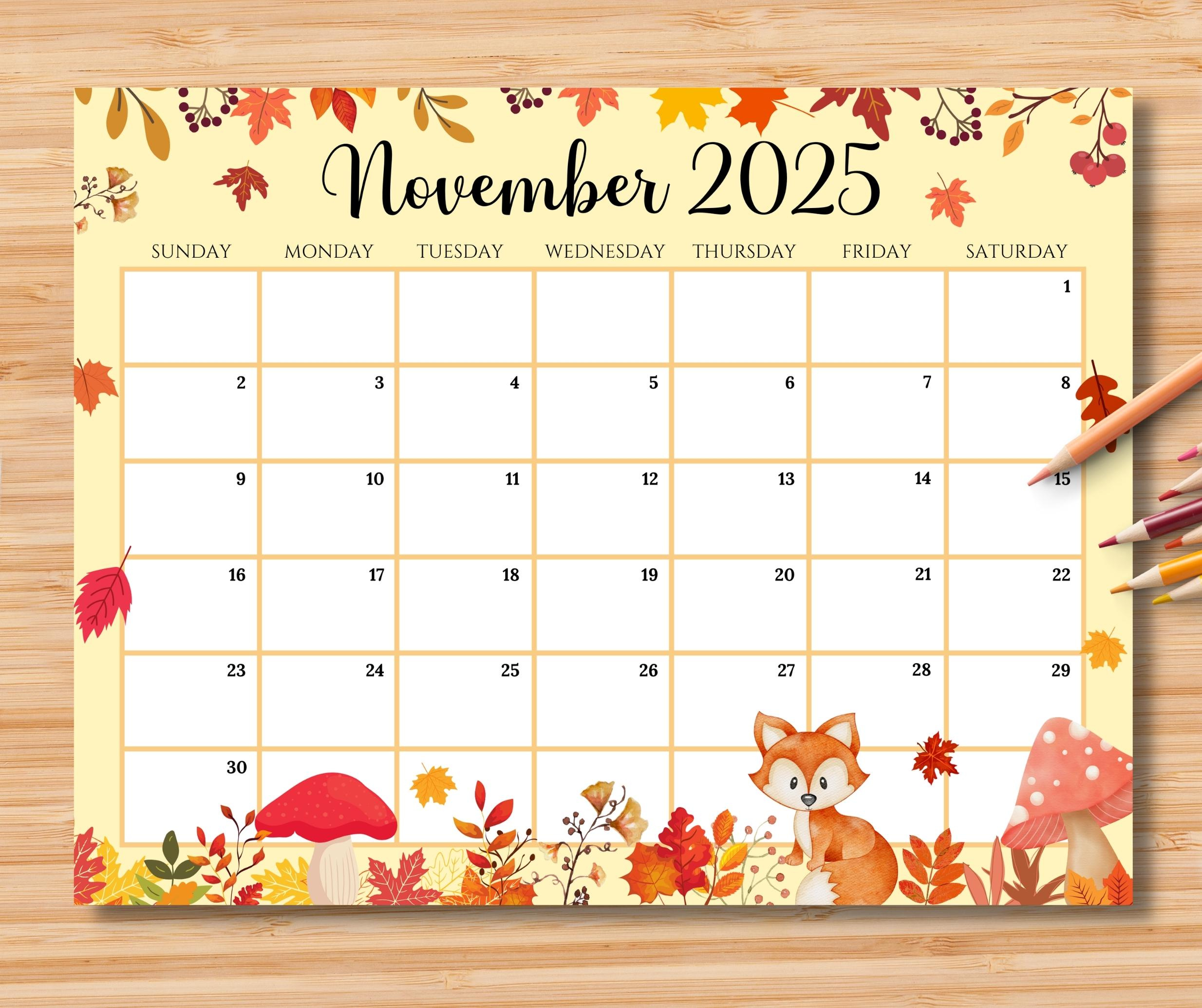 Editierbarer November 2025 Kalender, Schöner Druckbarer in November Calendar 2025 Etsy