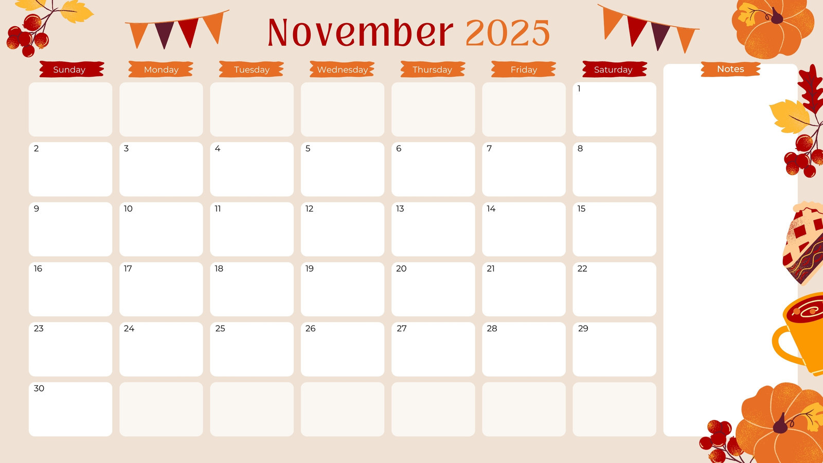 Free And Printable November 2025 Calendar Templates | Canva within November 2025 Calendar Thanksgiving Printable