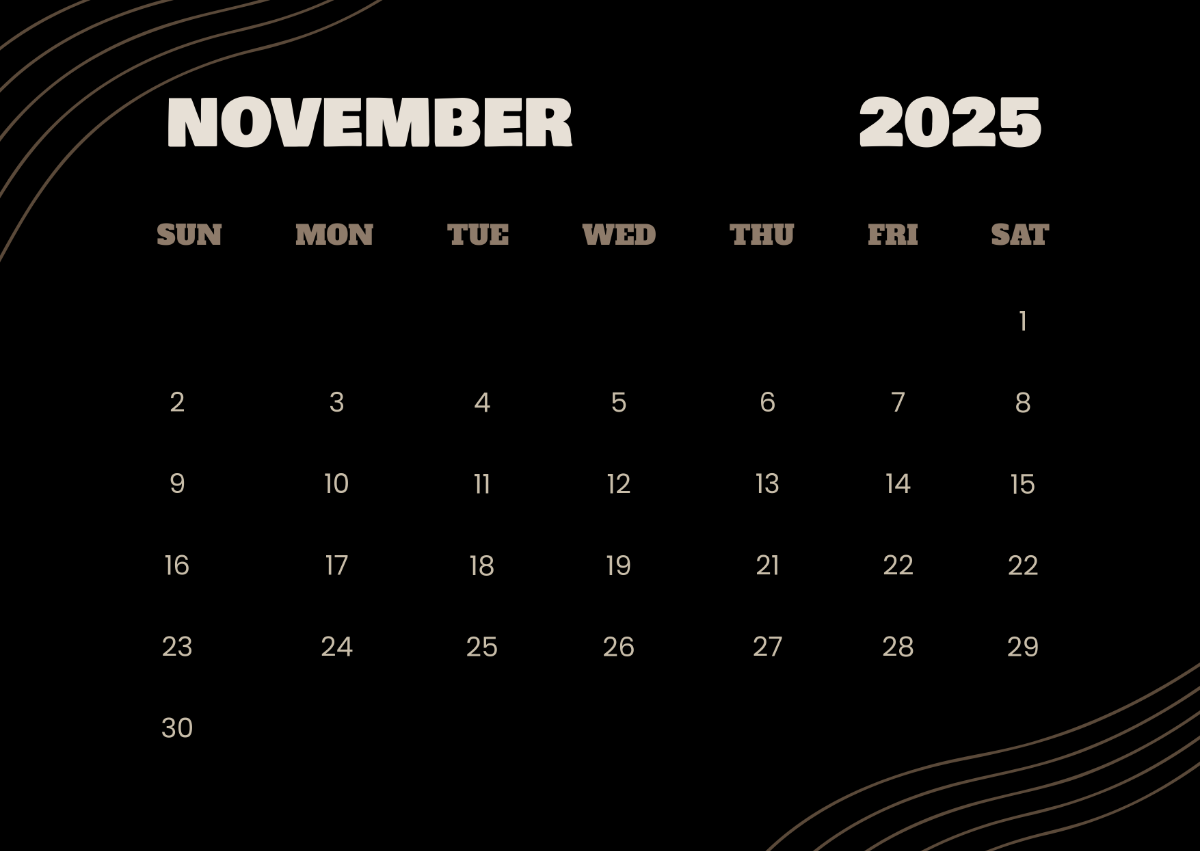 Free Basic November 2025 Calendar Template To Edit Online in November 2025 Calendar Black