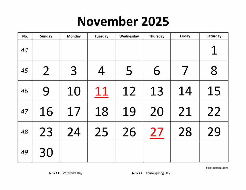 Free Download Printable November 2025 Calendar, Large Font Design with Large Print November 2025 Calendar