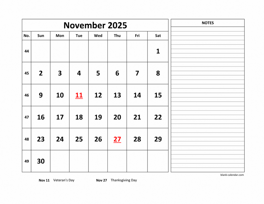 Free Download Printable November 2025 Calendar, Large Space For within November 2025 Calendar With Notes