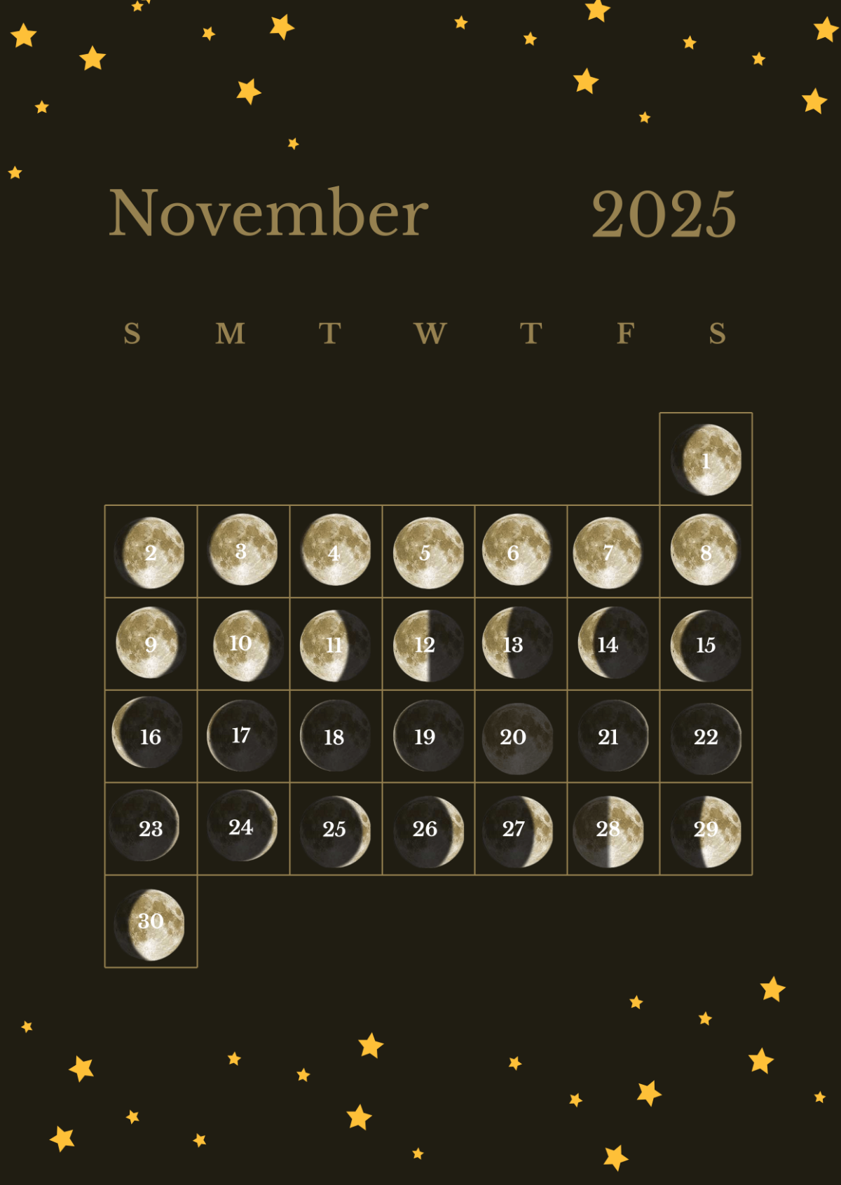 Free November 2025 Calendar With Lunar Phases Template To Edit Online intended for November 2025 Calendar with Moon Phases