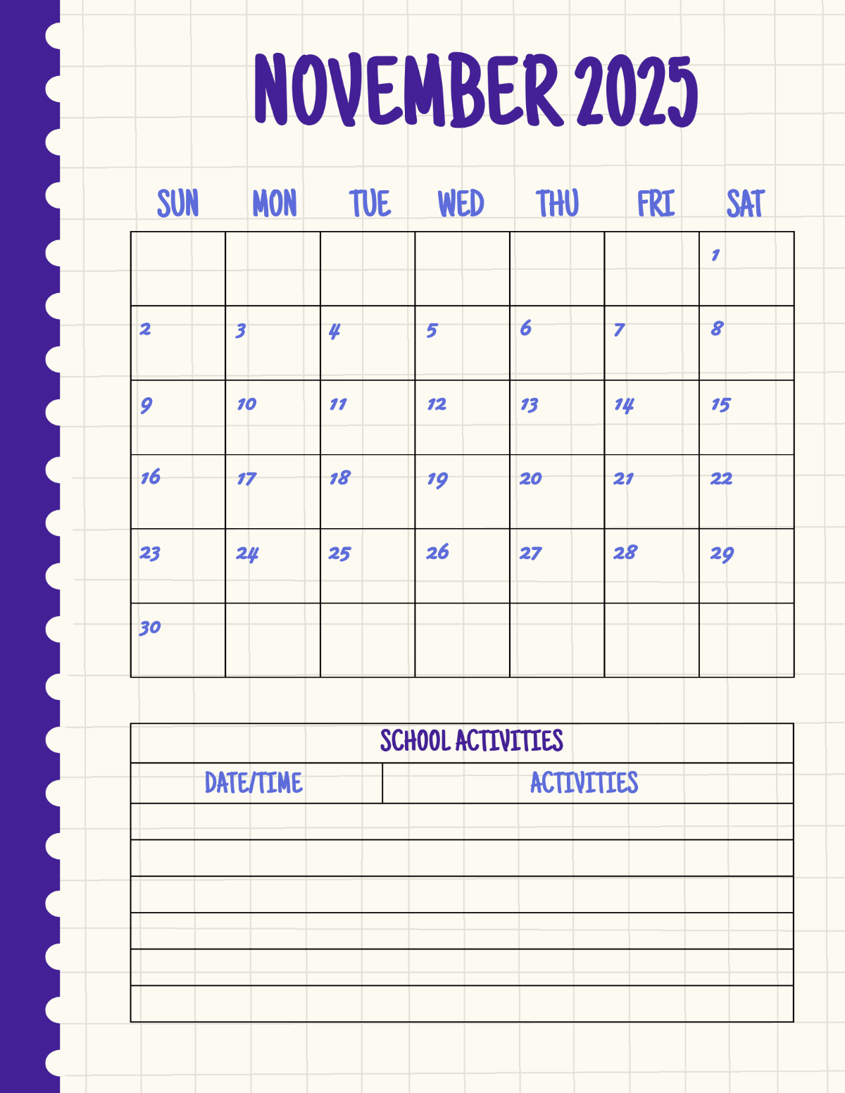 Free November 2025 School Calendar Template To Edit Online with November 2025 School Calendar