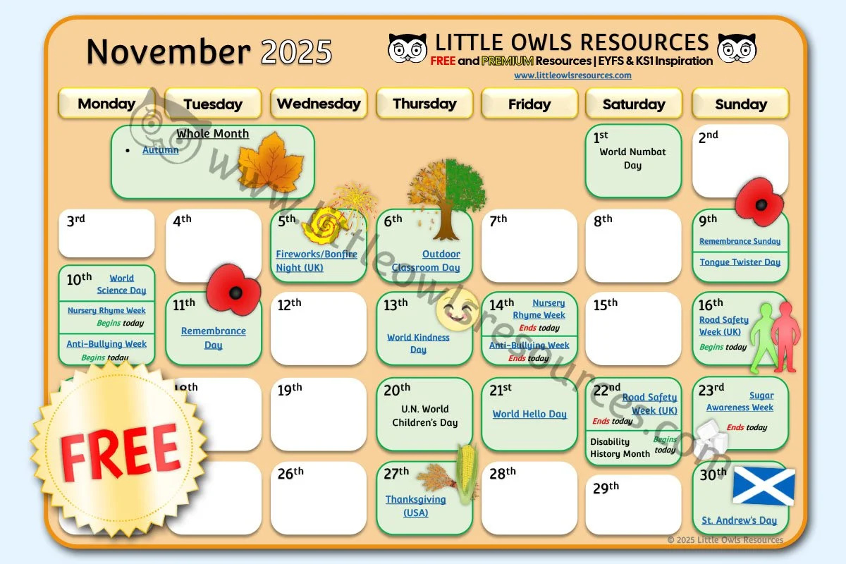 Free November 2025 Special Date Events Calendar | Eyfs & Ks1 pertaining to November 2025 Calendar With Events