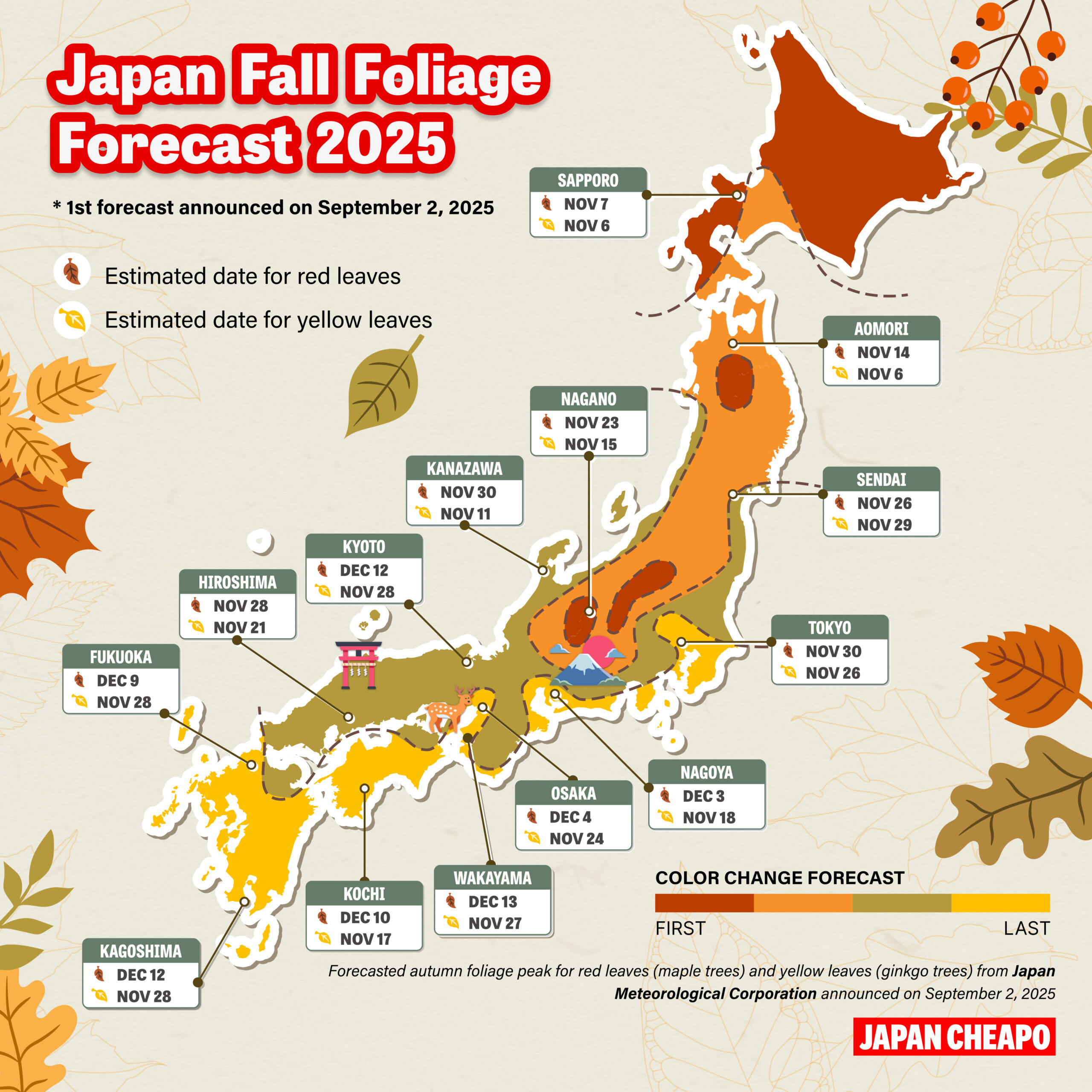 Japan Fall Foliage Forecast 2025 — Updated | Japan Cheapo inside Japan November Calendar 2025