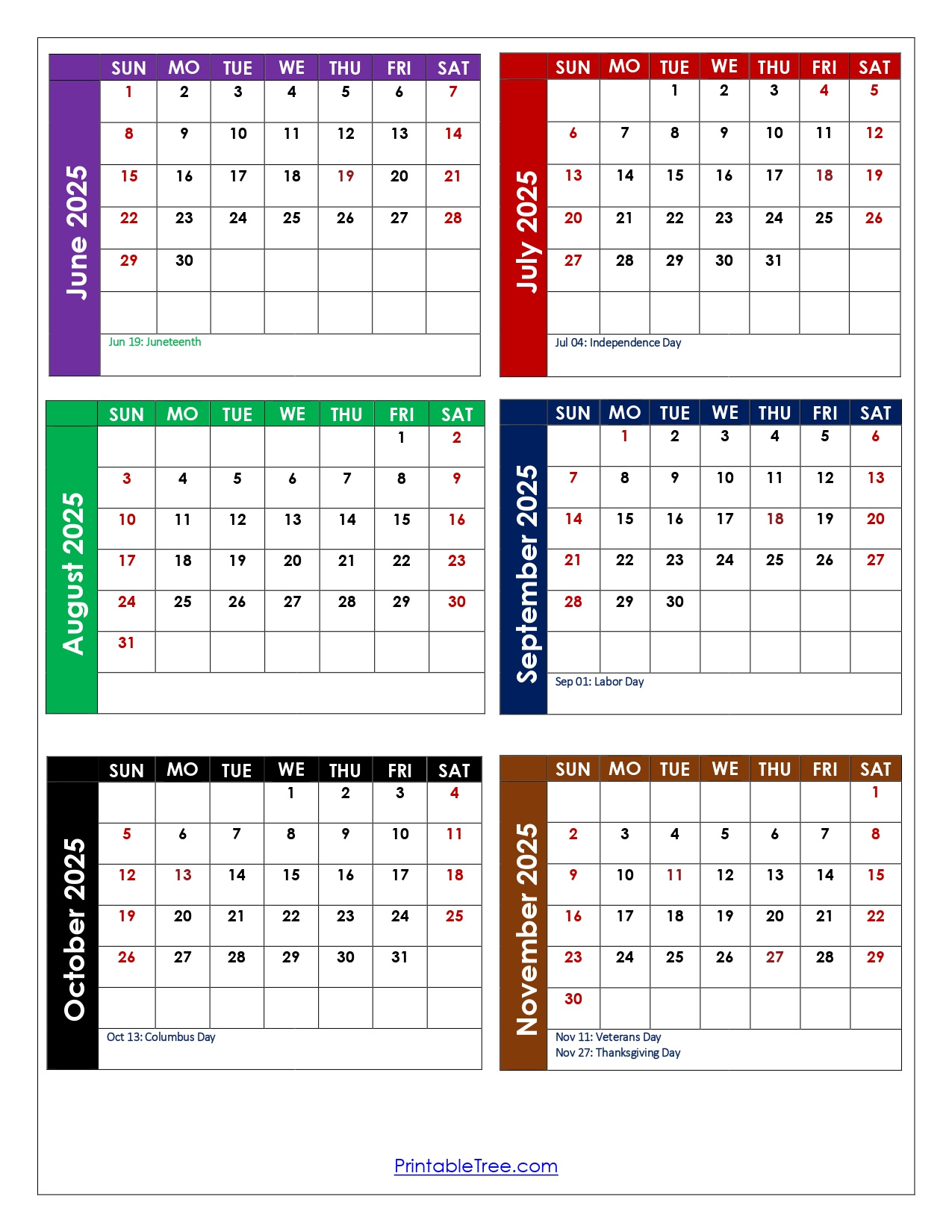June To November 2025 Calendar Printable Pdf | Six Months Calendar with November 2025 To June 2025 Calendar
