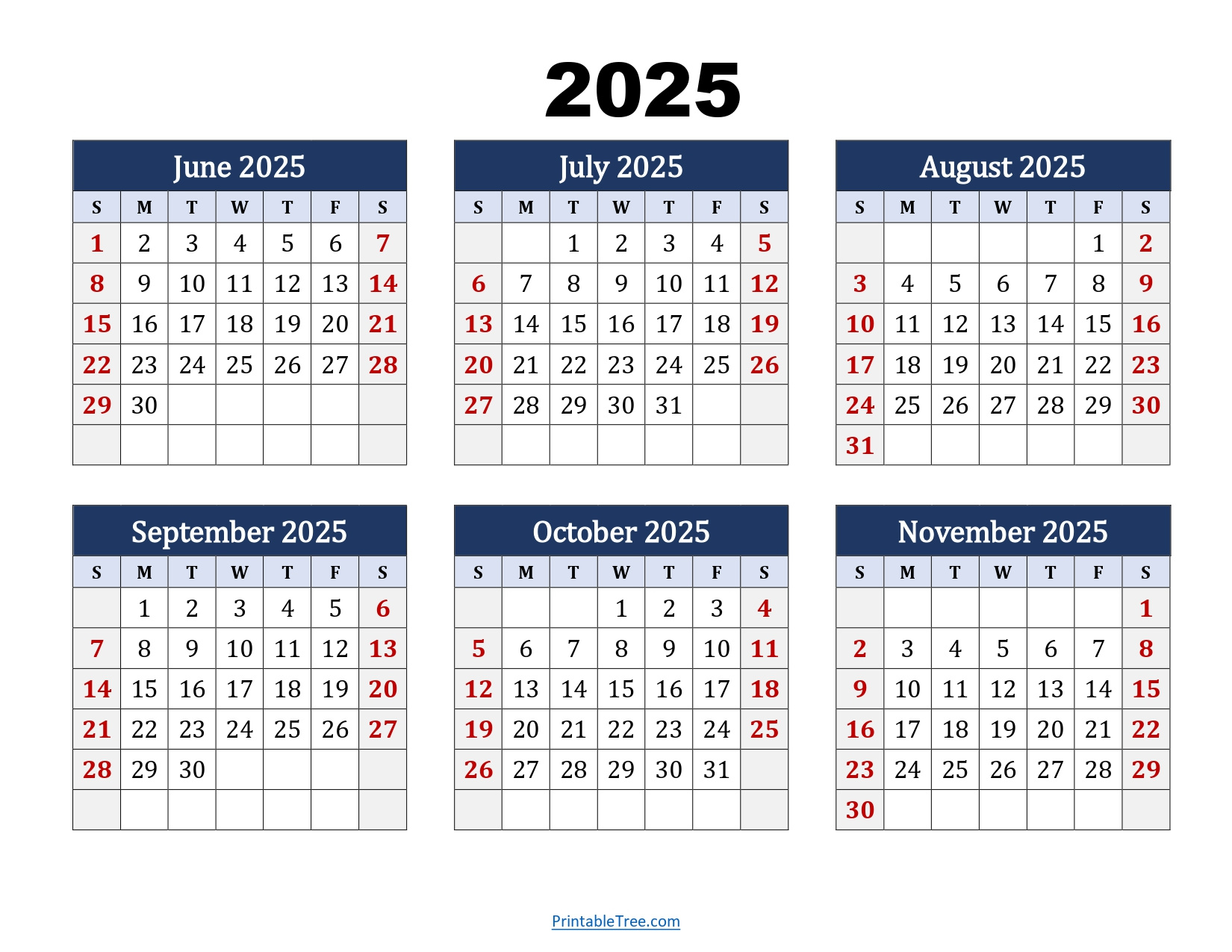 June To November 2025 Calendar Printable Pdf | Six Months Calendar with regard to November 26Th 2025 Calendar