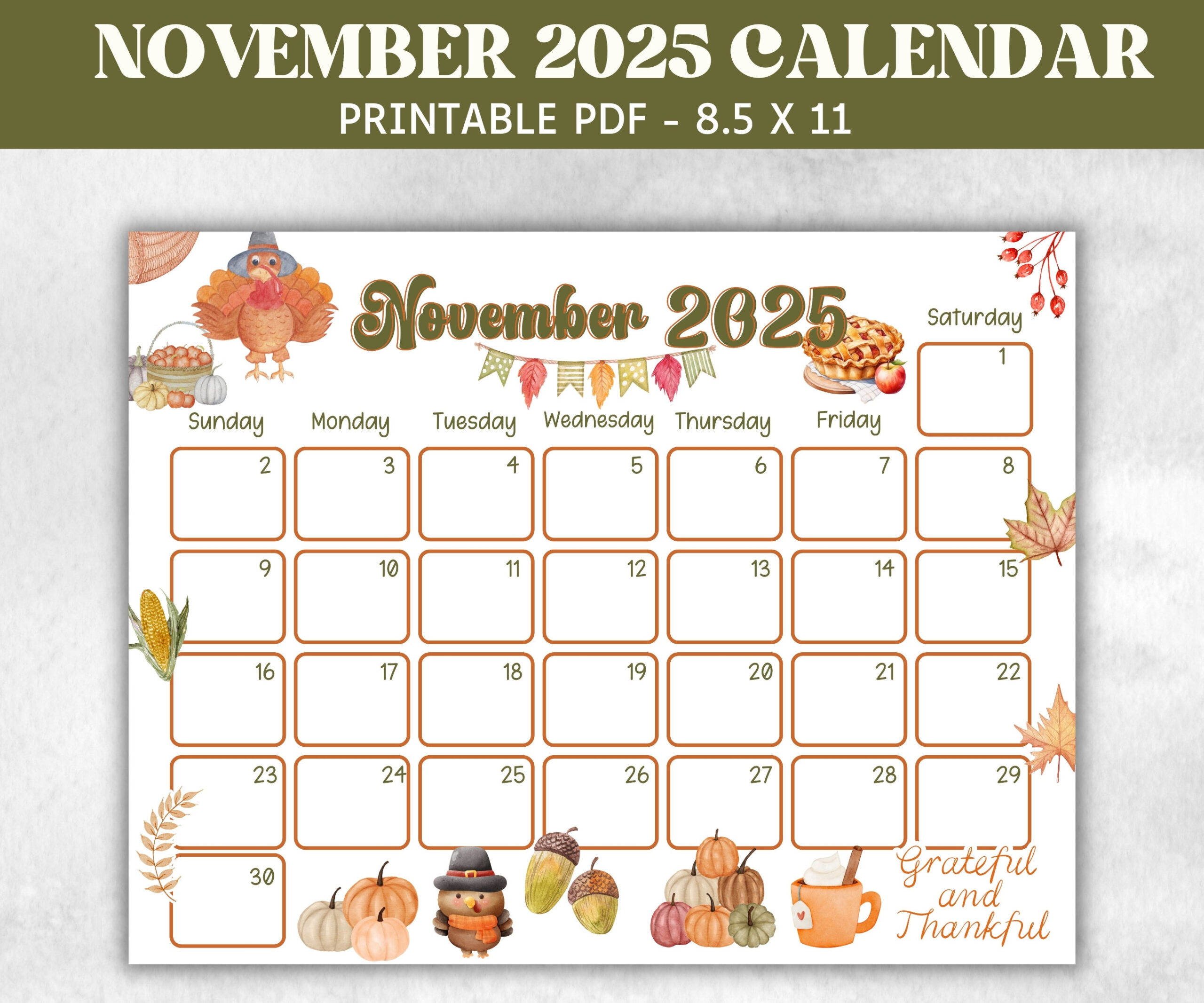 Kids November 2025 Calendar, Printable 2025 Calendar, Homeschool in November 2025 Calendar Thanksgiving Day