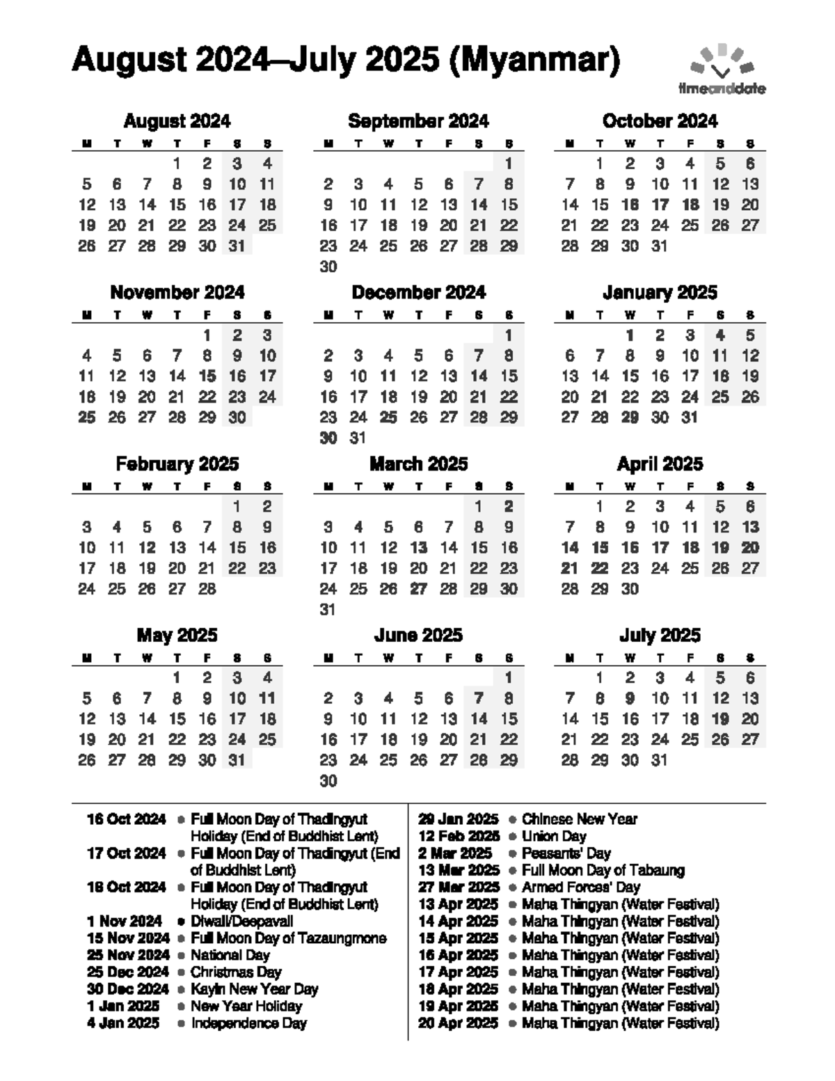 Myanmar Calendar Events And Holidays: Aug 2024 - Jul 2025 - Studocu regarding Myanmar Calendar 2025 November