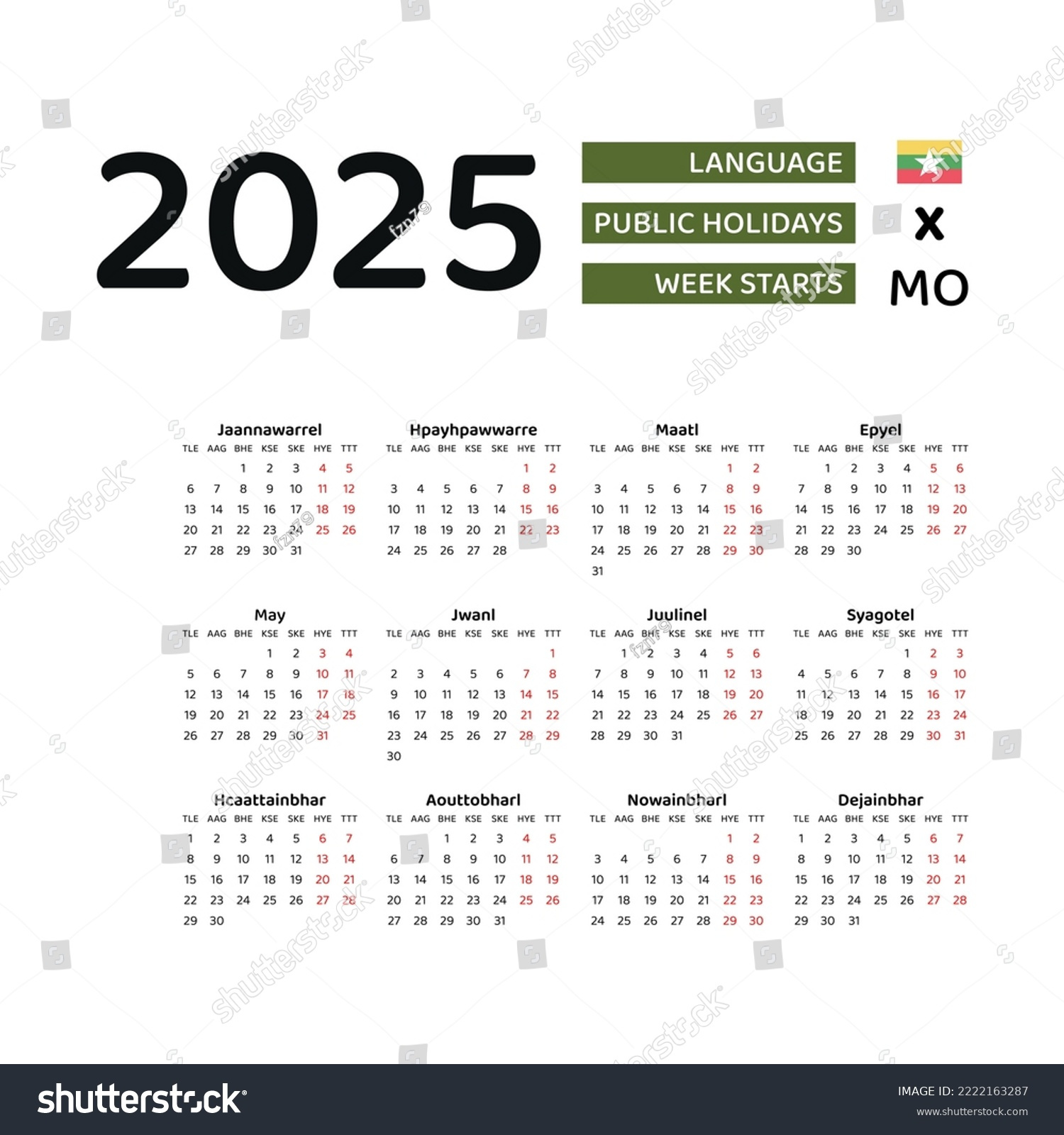 Myanmar Kalender 2025. Die Woche Beginnt: Stock-Vektorgrafik with Myanmar Calendar 2025 November