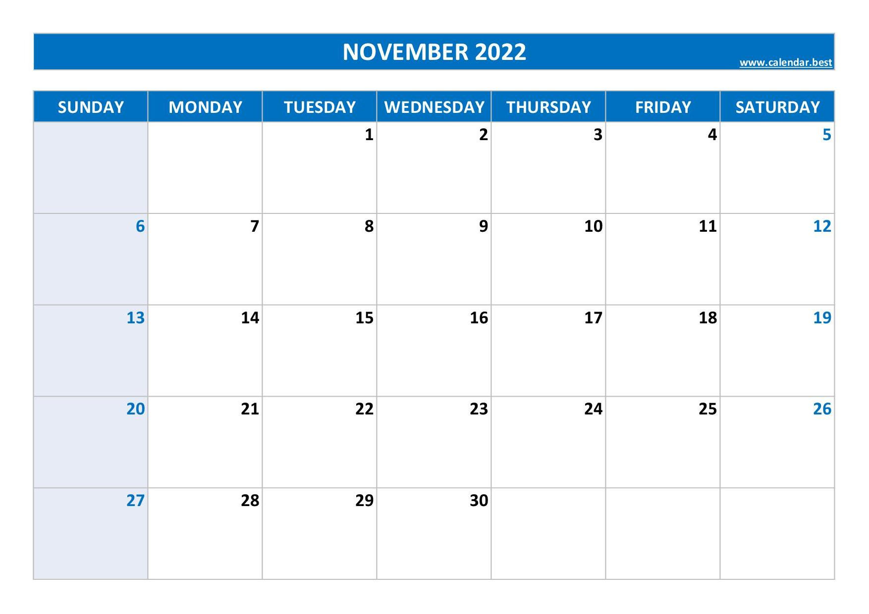 November 2022 Calendar -Calendar.best pertaining to November Monthly Printable Calendar