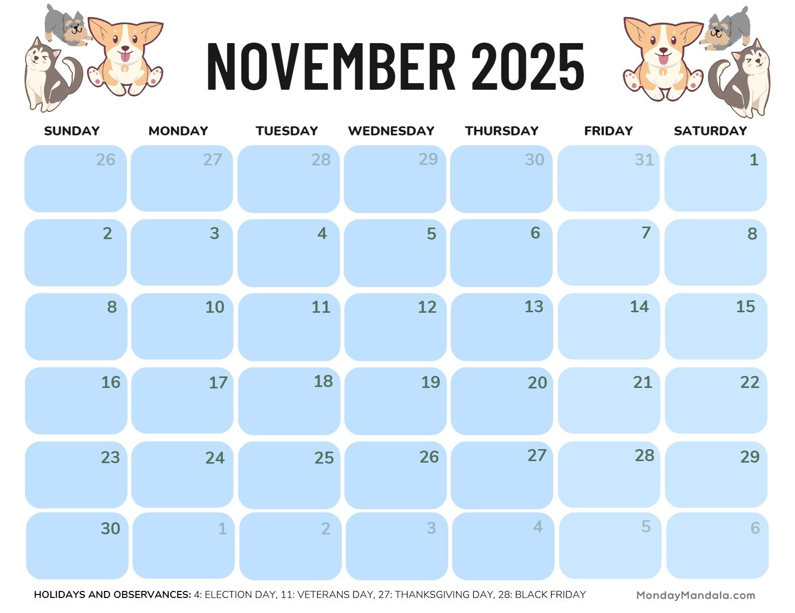 November 2025 Calendar (52 Free Pdf Printables) regarding General Blue November 2025 Calendar Printable