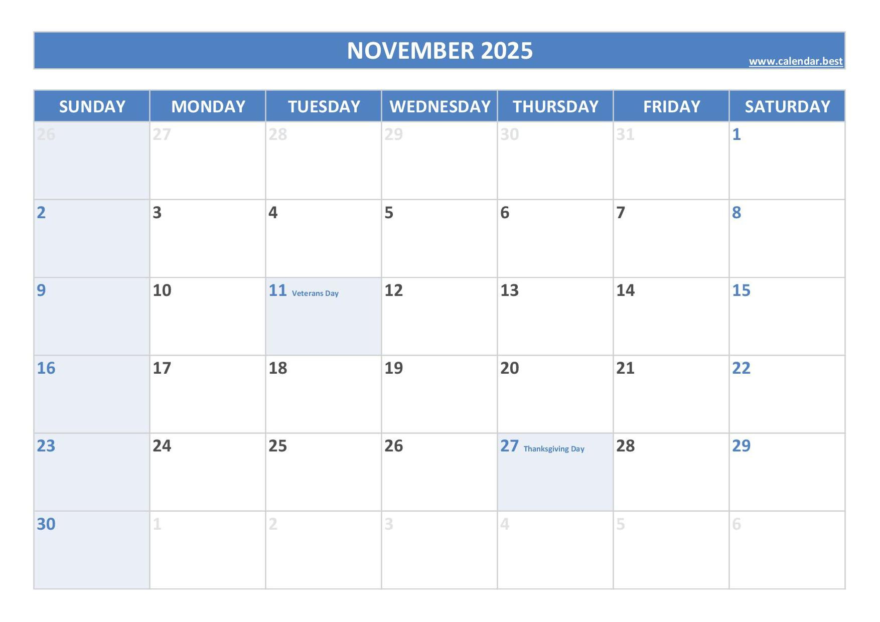 November 2025 Calendar -Calendar.best intended for 2025 November Calendar with Holidays