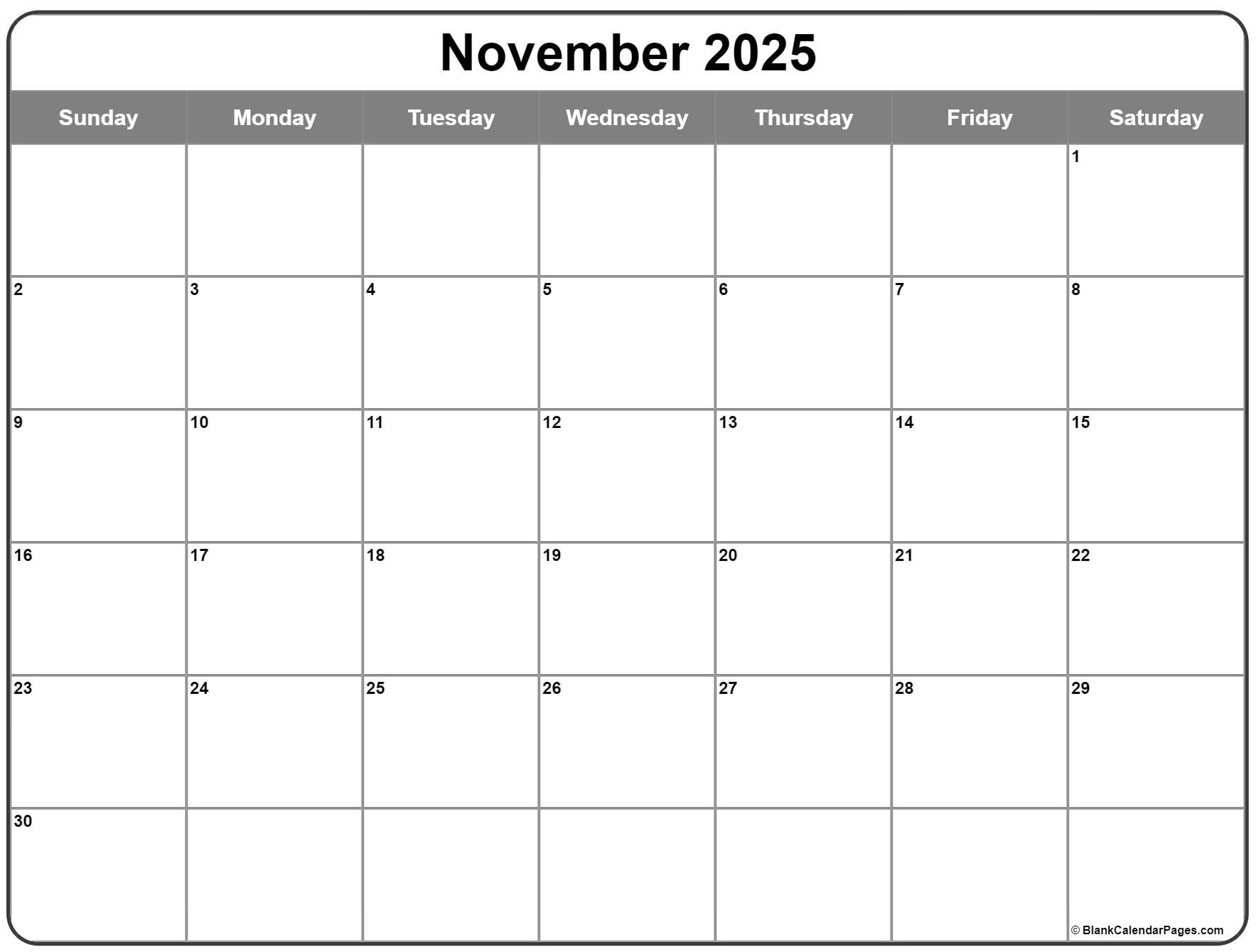 November 2025 Calendar | Free Printable Calendars for Blank November 2025 Calendar