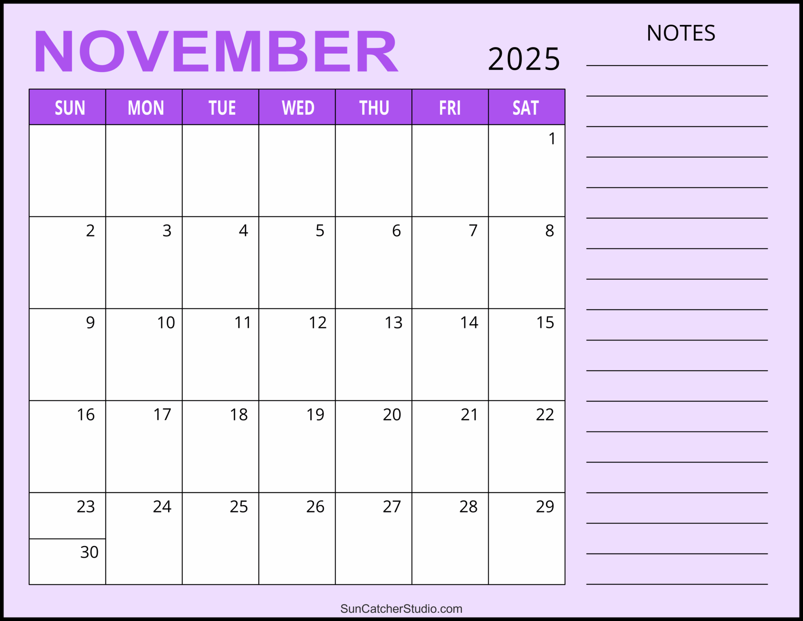 November 2025 Calendar (Free Printable) – Free Printables intended for November 2025 Calendar Printable with Lines