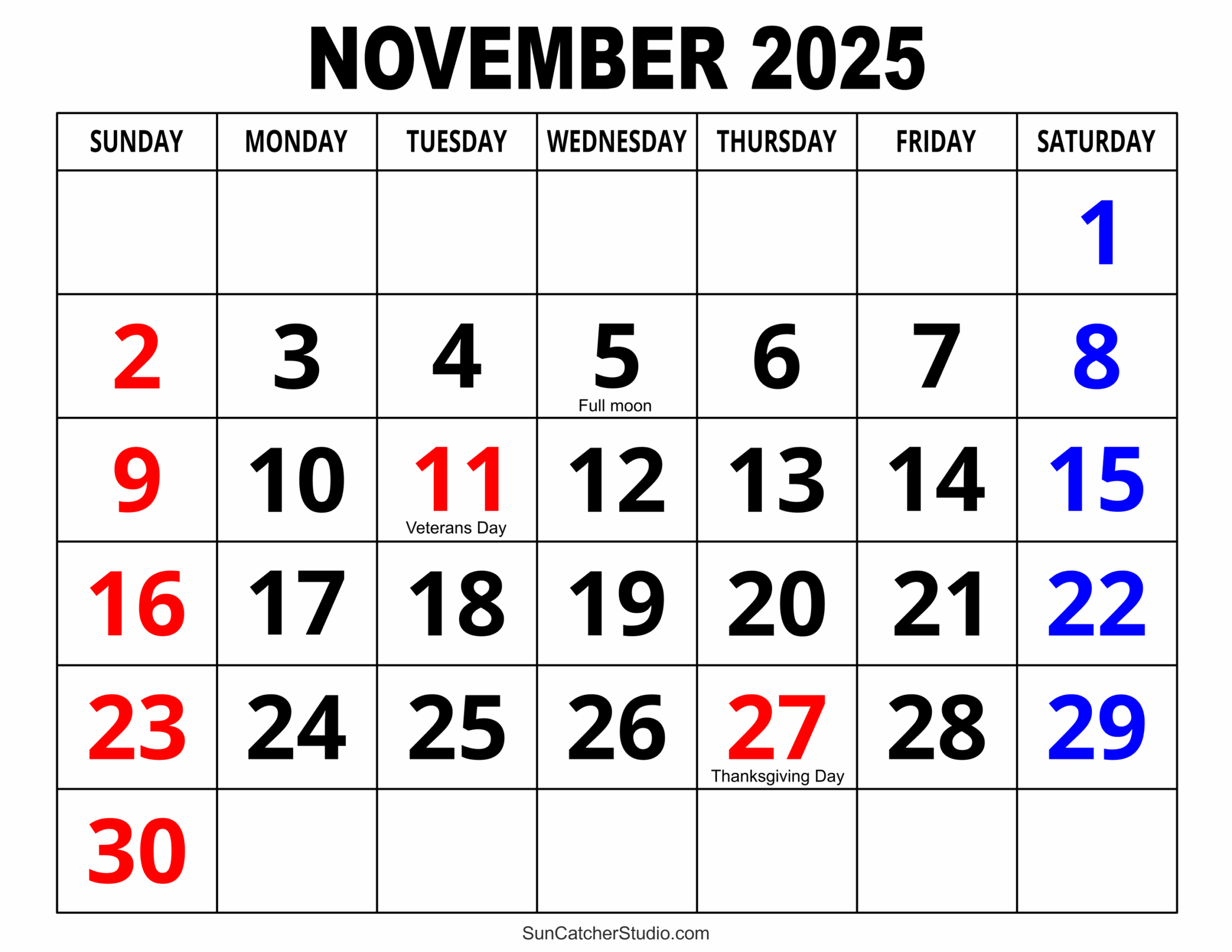 November 2025 Calendar (Free Printable) – Free Printables regarding Holiday Calendar November 2025