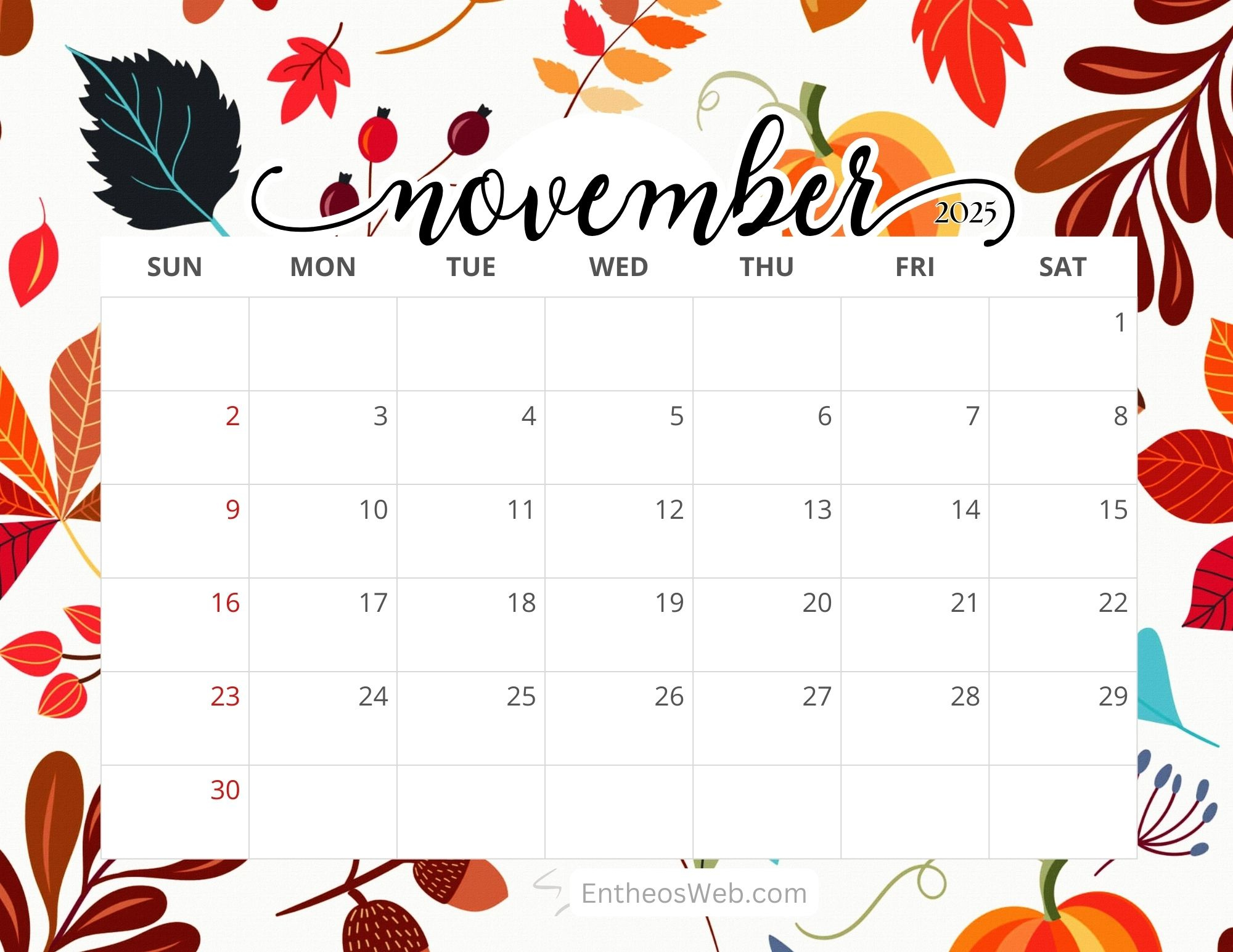 November 2025 Calendar Free Printables | Entheosweb for Blank Calendar November 2025